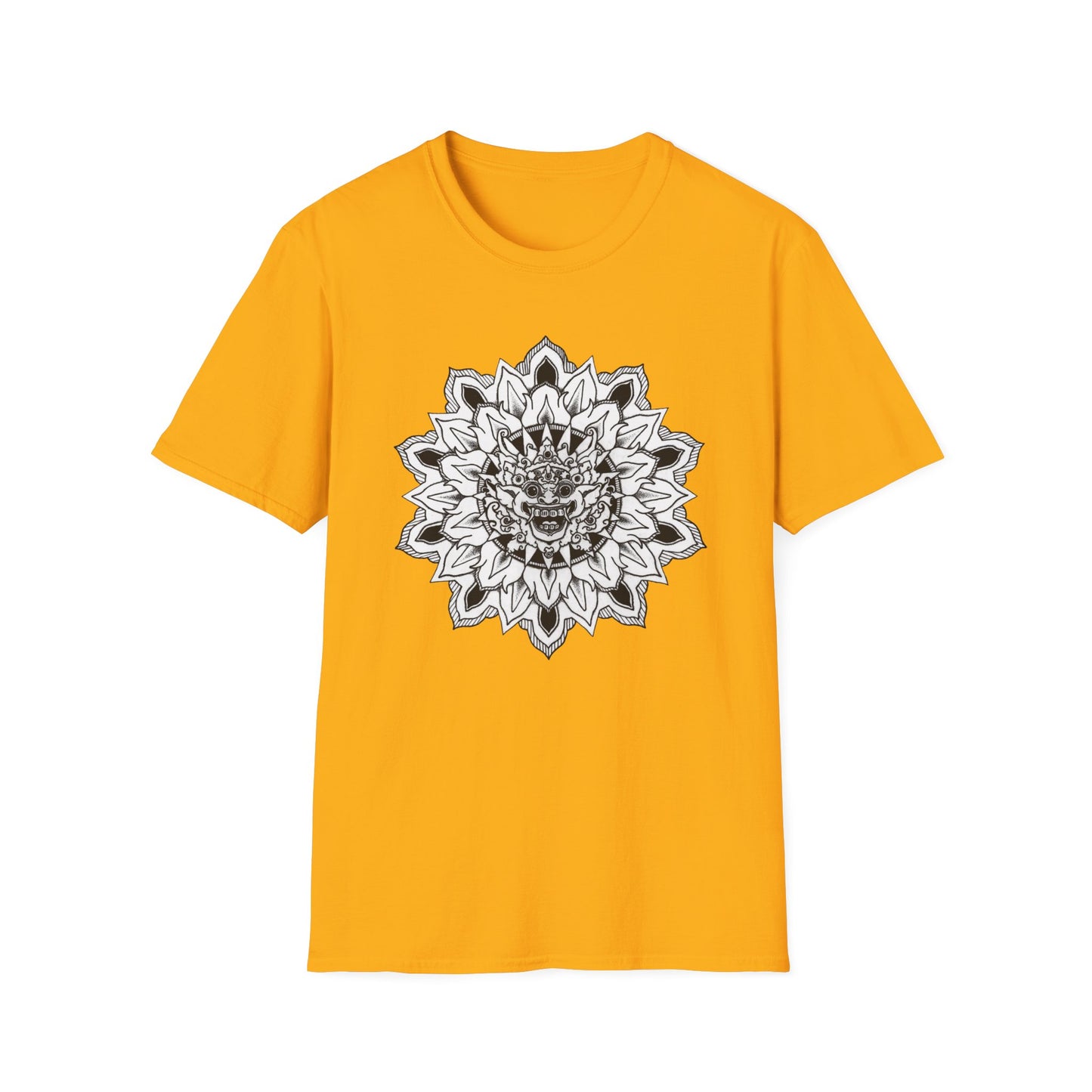 image of yellow unisex t-shirt with white and black bhoma bali god mandala design on the front