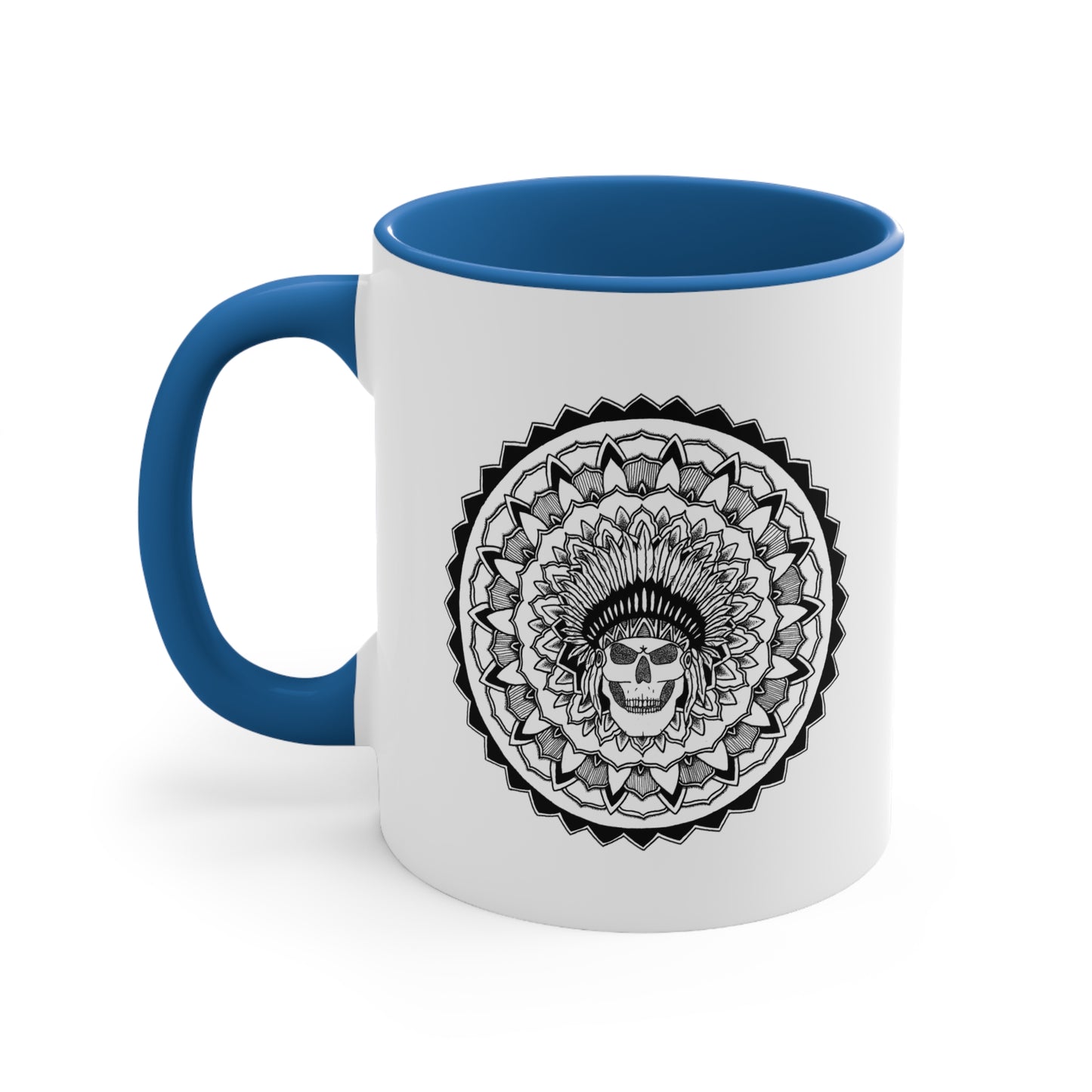 a two toned blue and white 11oz coffee mug with chieftain skull mandala design