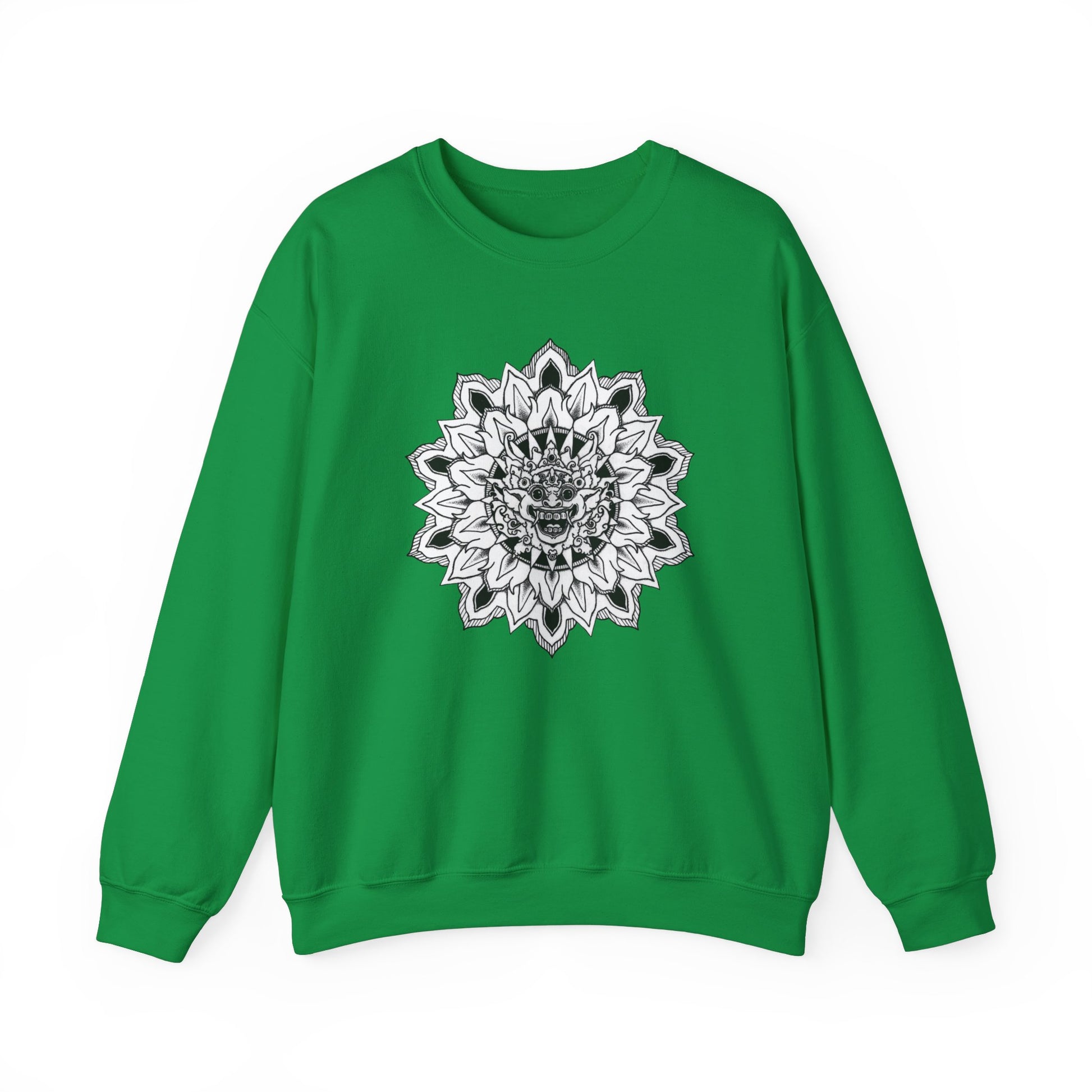 image of a green mandalarian brand sweatshirt with a black and white bhoma bali god mandala design on the front