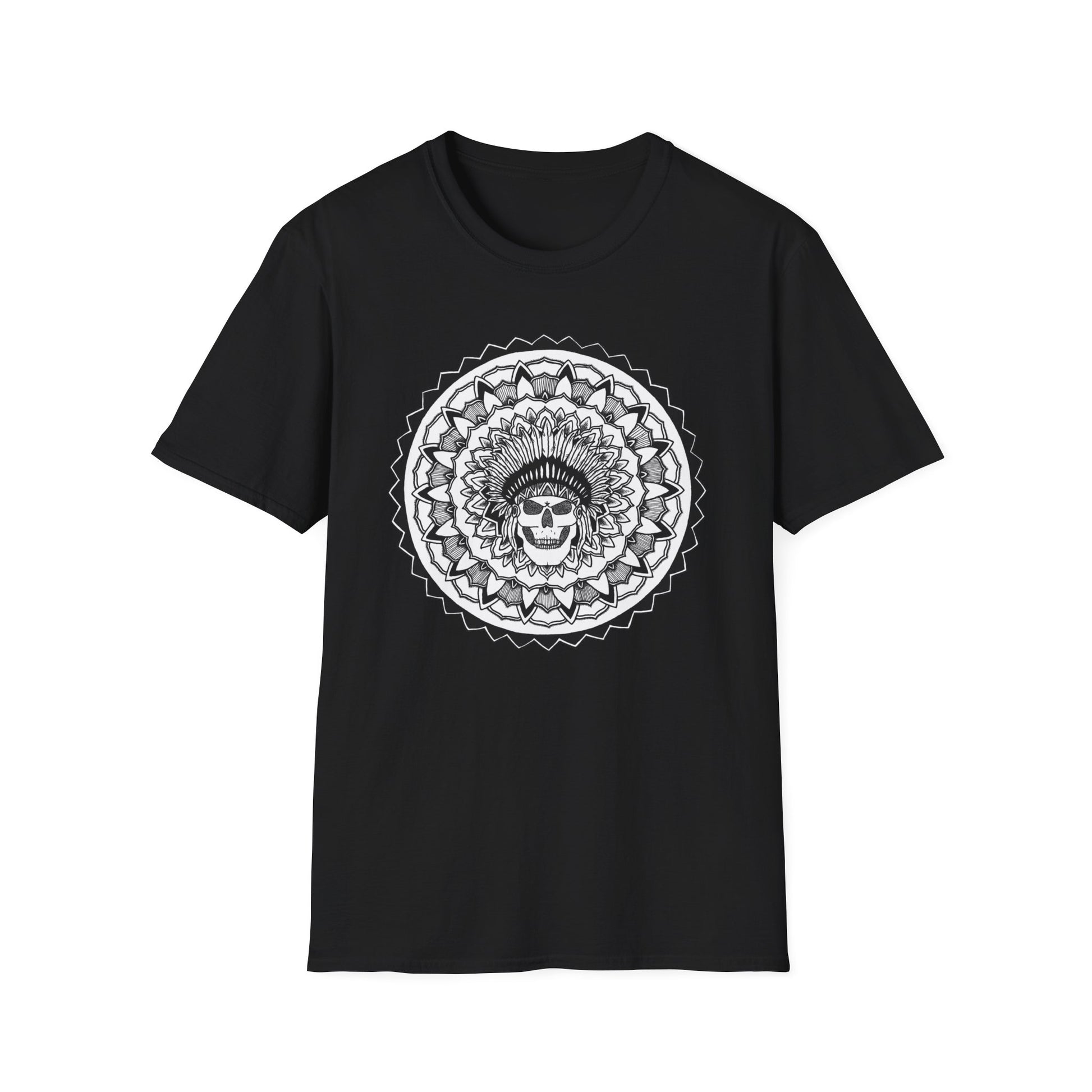 black unisex t-shirt with white and black chieftain skull mandala design on the front