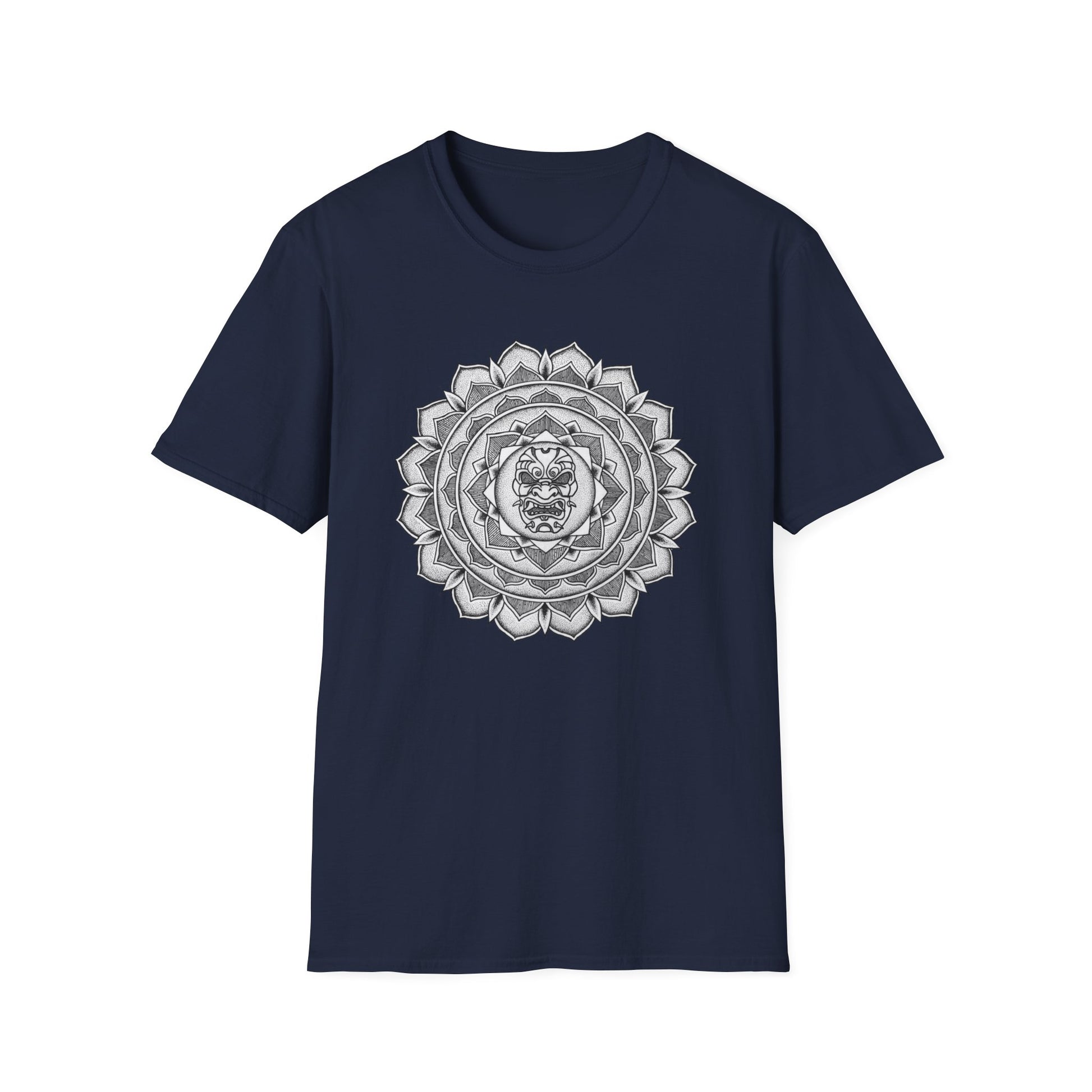 navy unisex mandalarian t-shirt with white and black samurai mask mandala design on the front