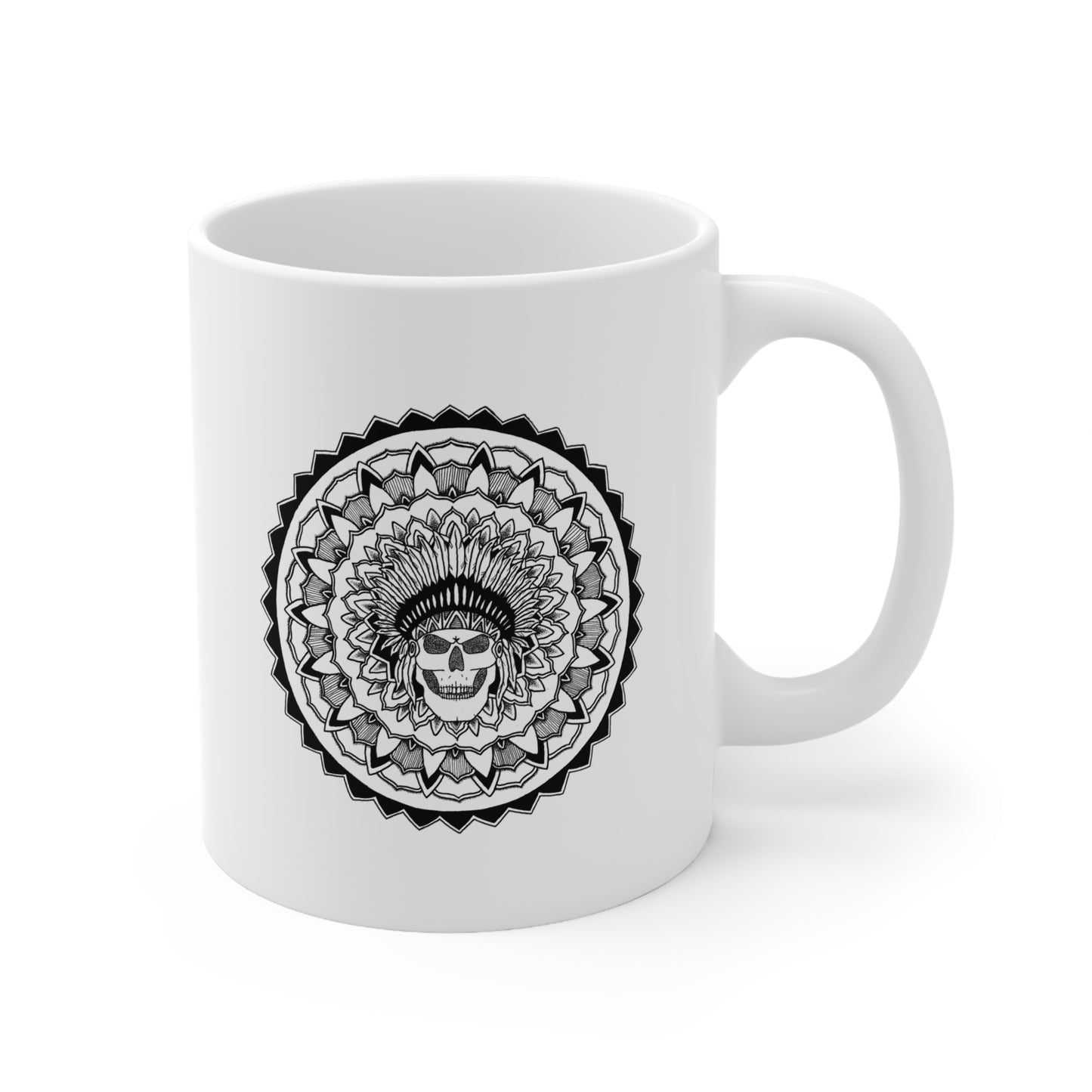 a white 11oz coffee mug with chieftain skull mandala design