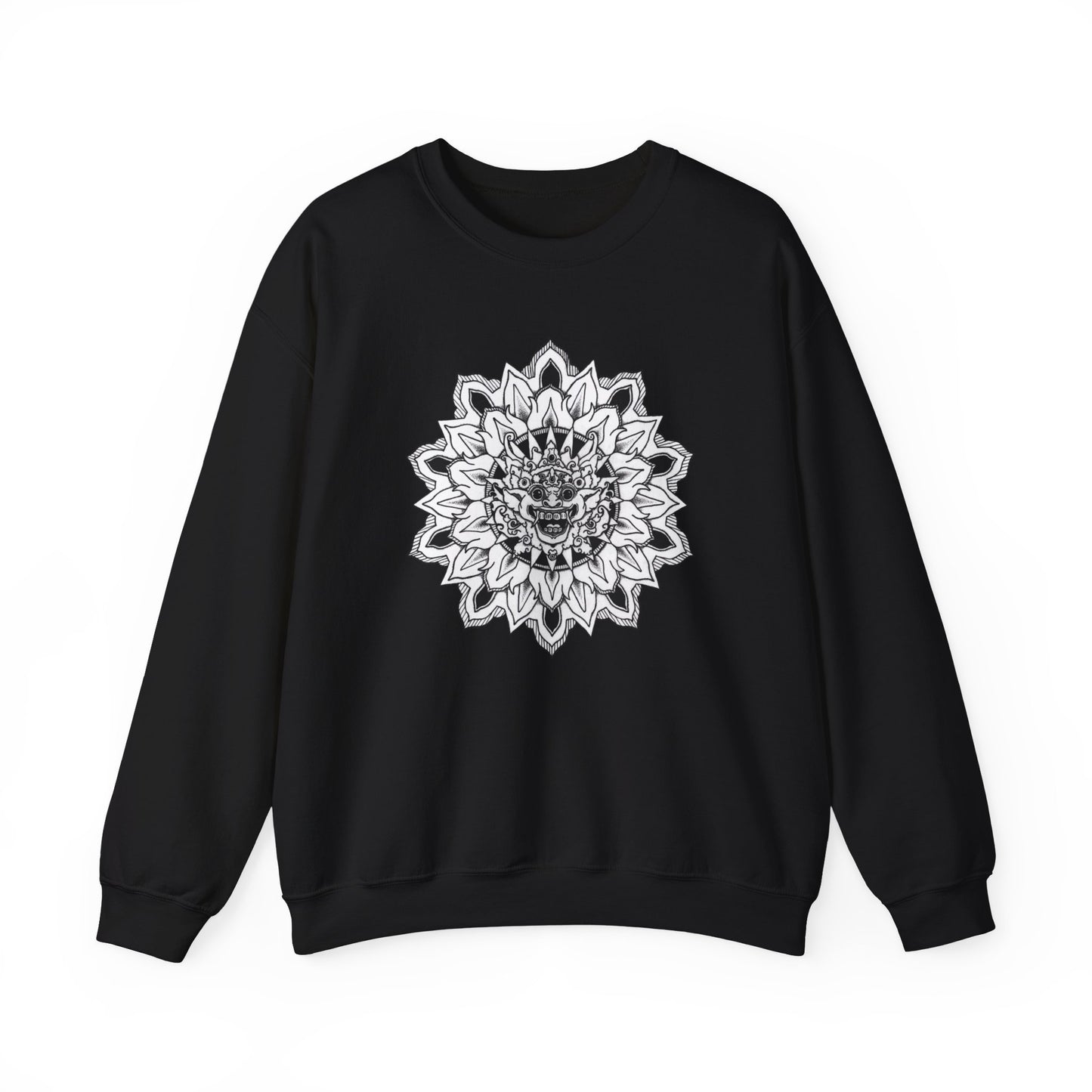 image of a black mandalarian brand sweatshirt with a black and white bhoma bali god mandala design on the front