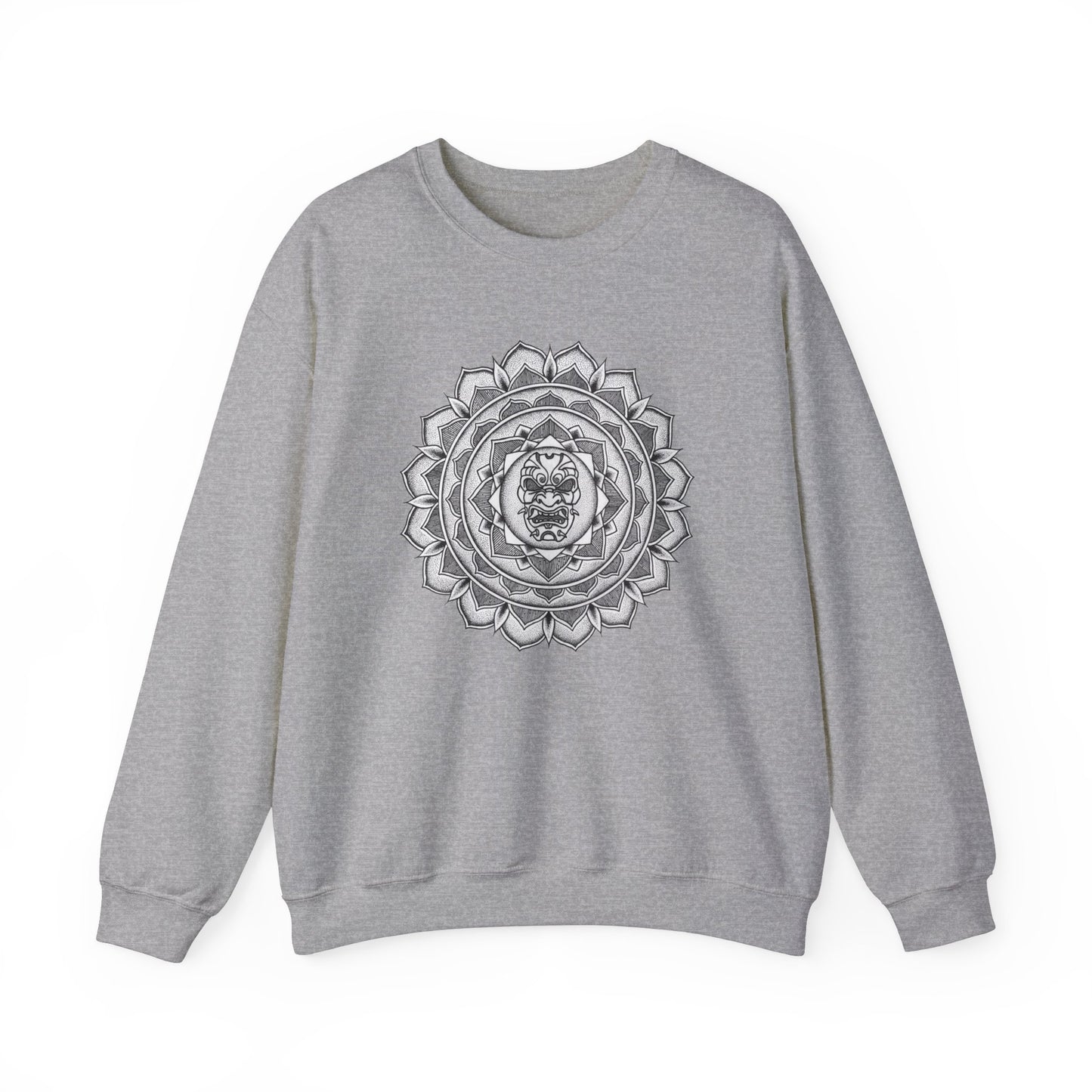 image of a grey mandalarian brand sweatshirt with a white and black samurai mask tattoo mandala design on the front