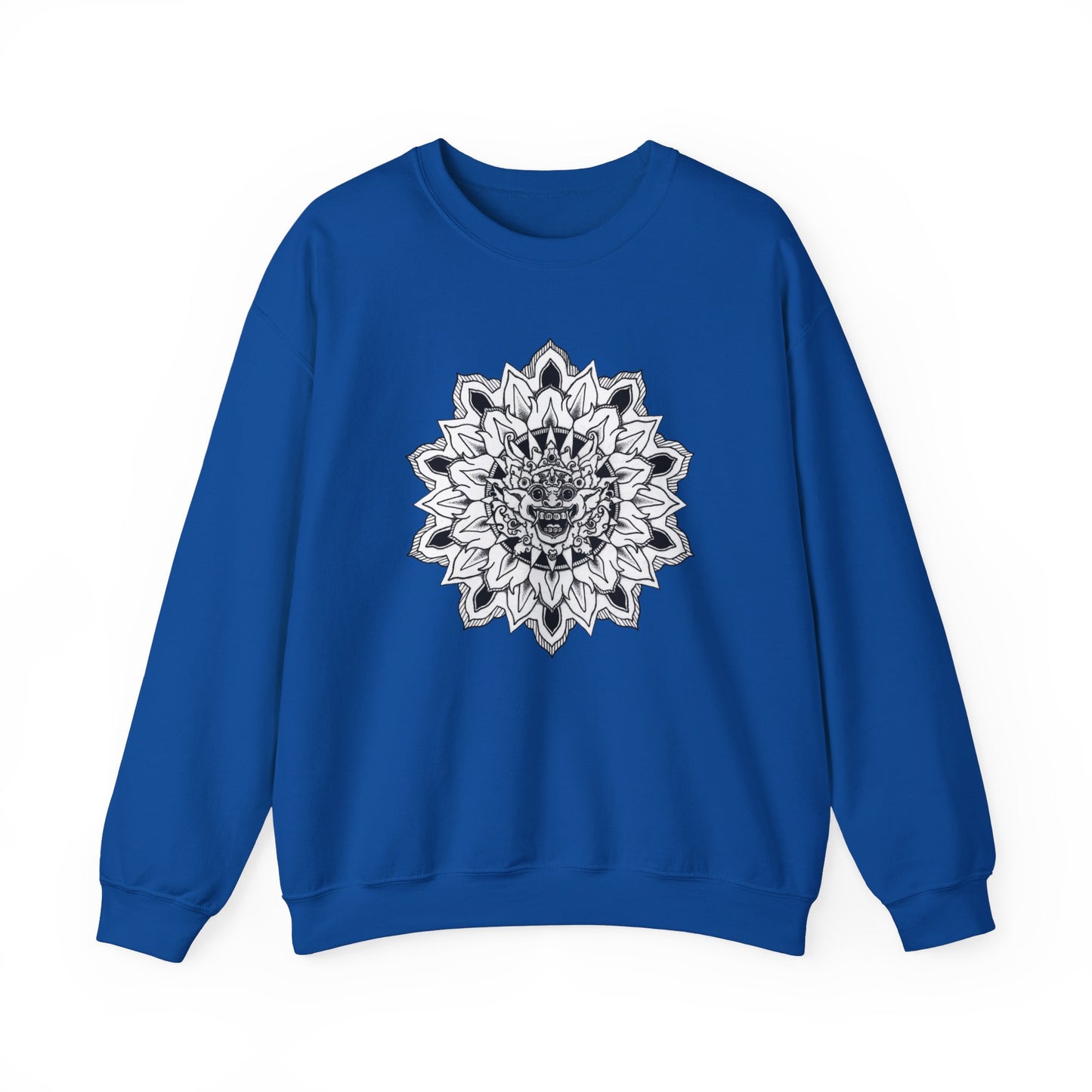 image of a blue mandalarian brand sweatshirt with a black and white bhoma bali god mandala design on the front