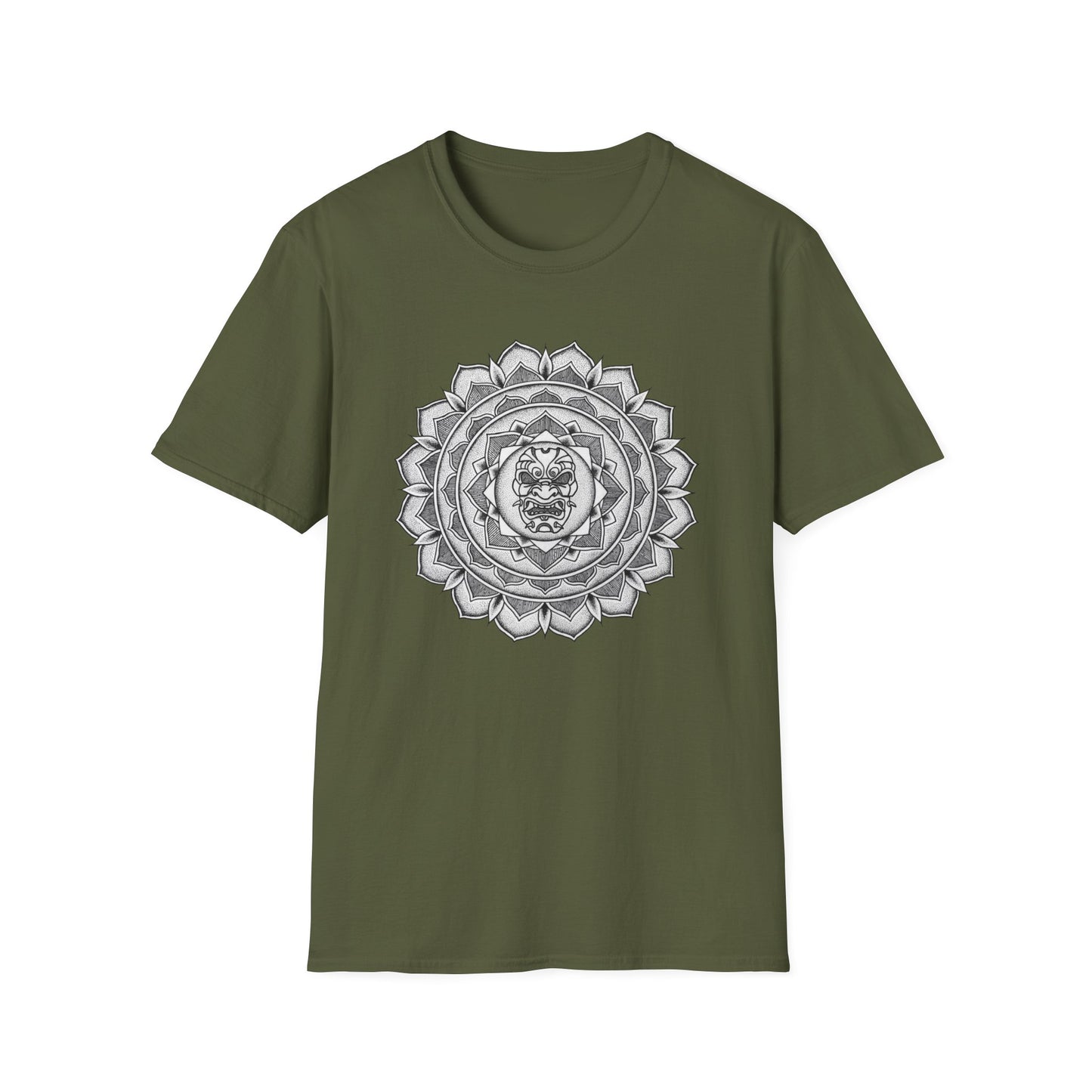 olive green unisex t-shirt with white and black samurai mask mandala design on the front