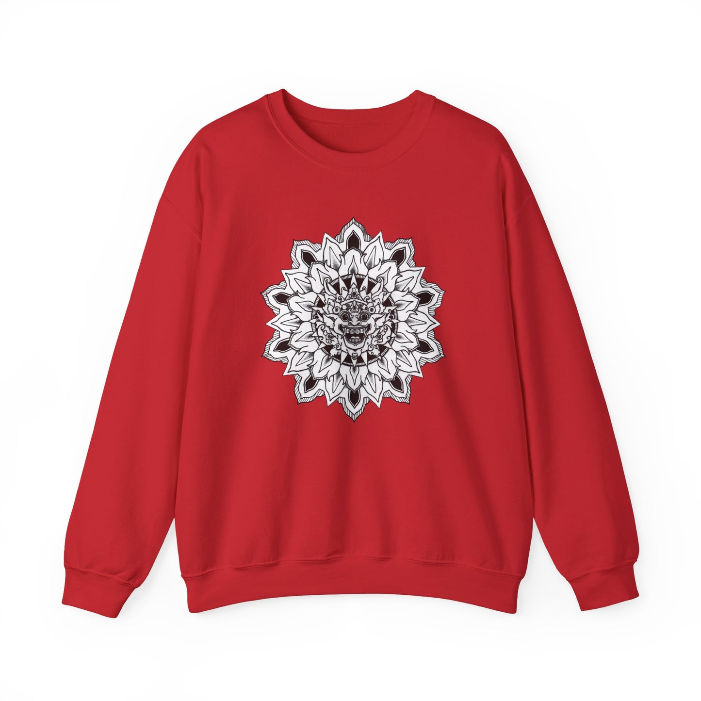 image of a red mandalarian brand sweatshirt with a black and white bhoma bali god mandala design on the front