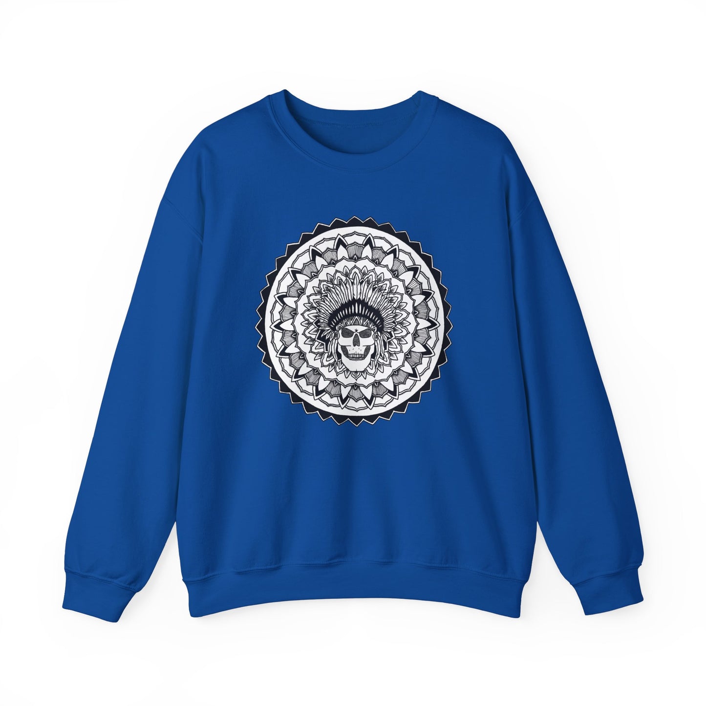 image of a blue mandalarian brand sweatshirt with a white and black chieftain skull tattoo mandala design on the front