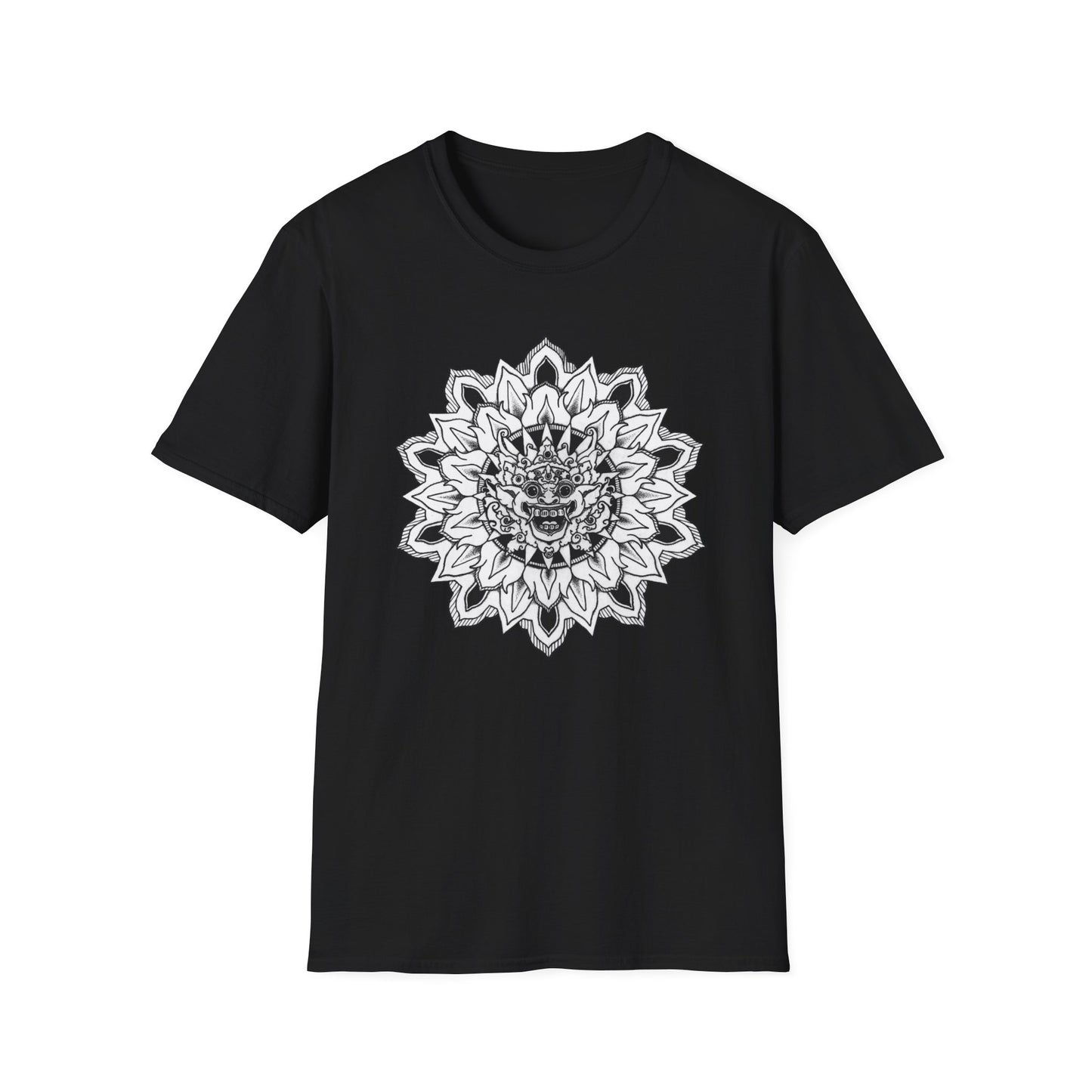 black unisex t-shirt with white and black bhoma bali god mandala design on the front