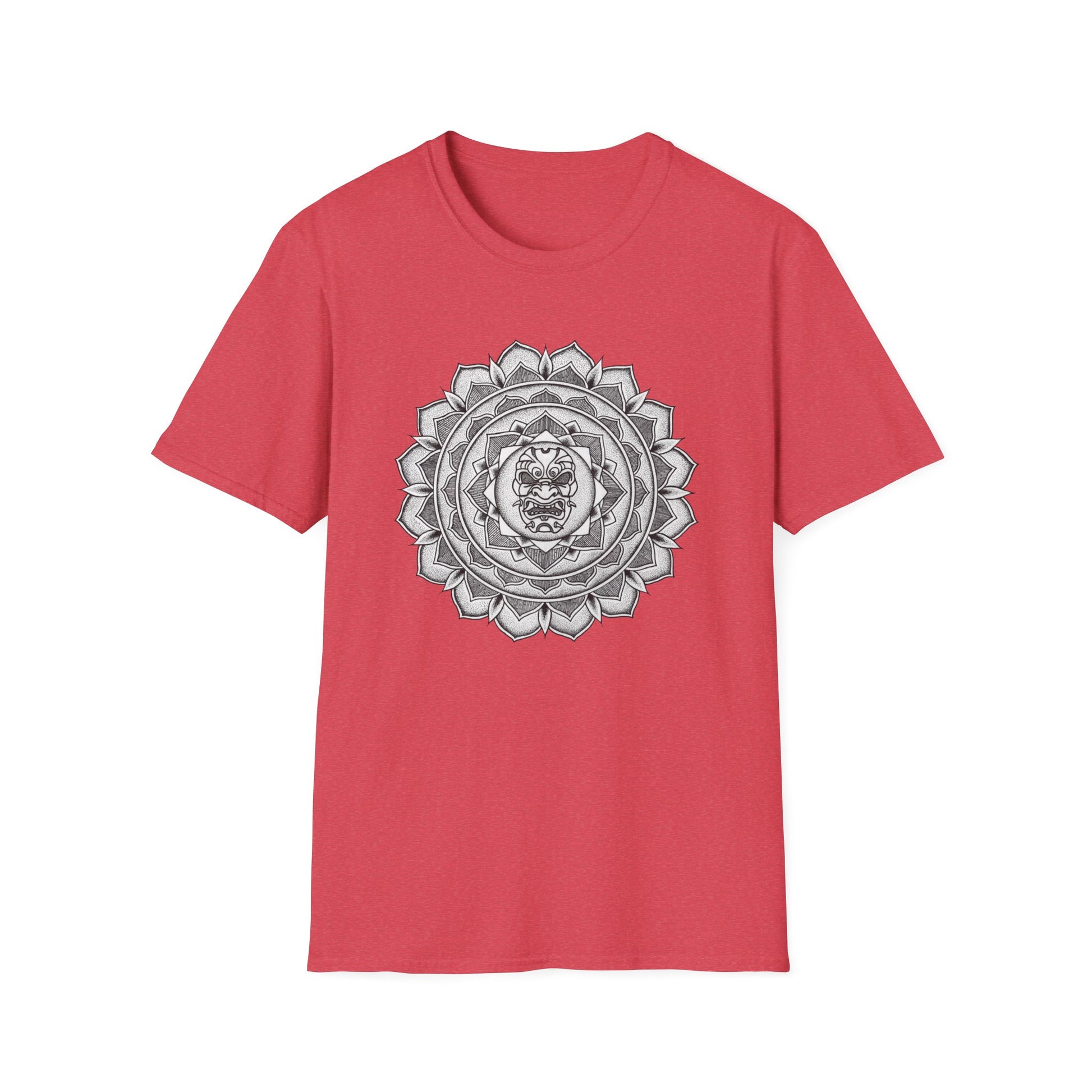 heather red unisex t-shirt with white and black samurai mask mandala design on the front