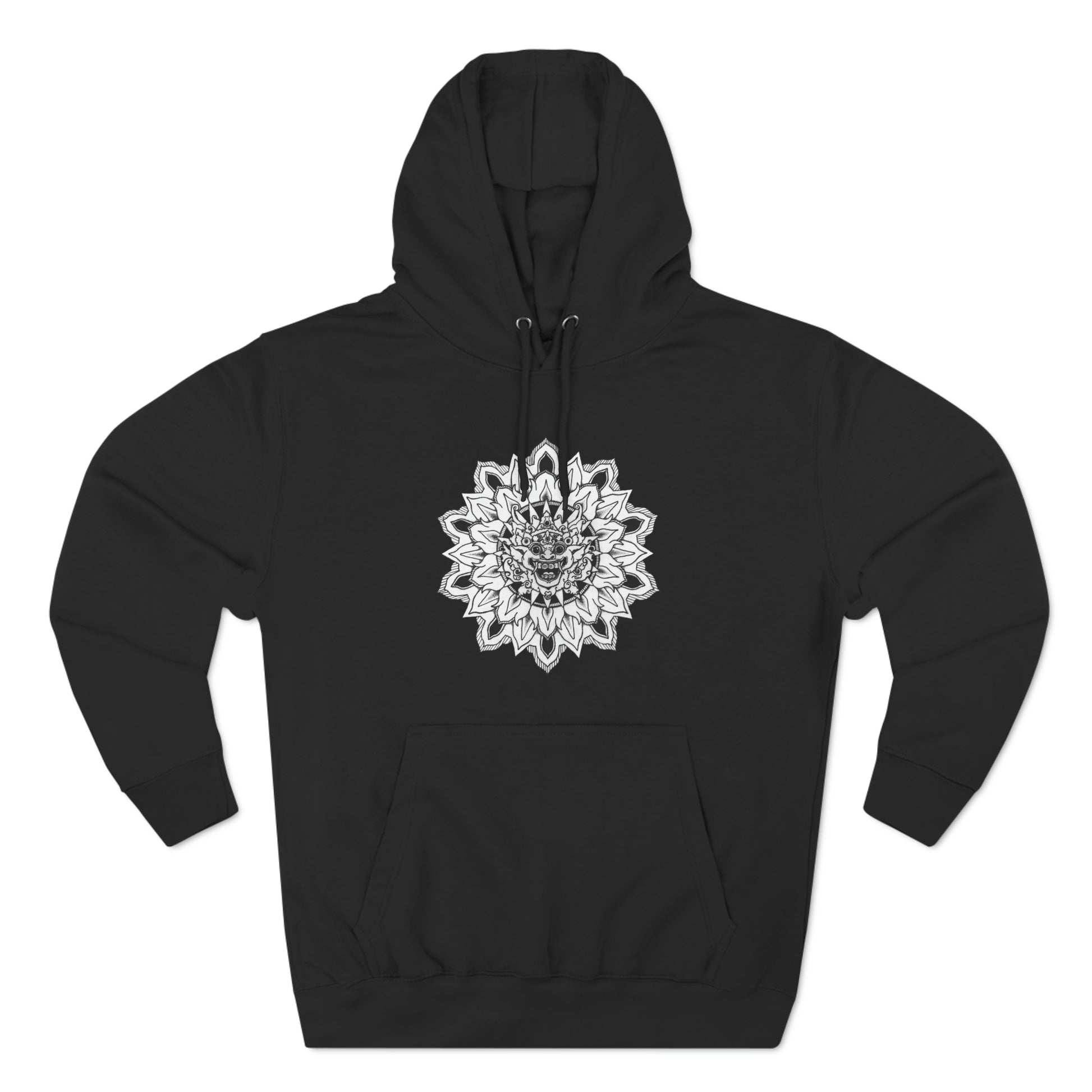 image of a unisex black hooded sweatshirt with white and black bhoma bali god mandala design on the front