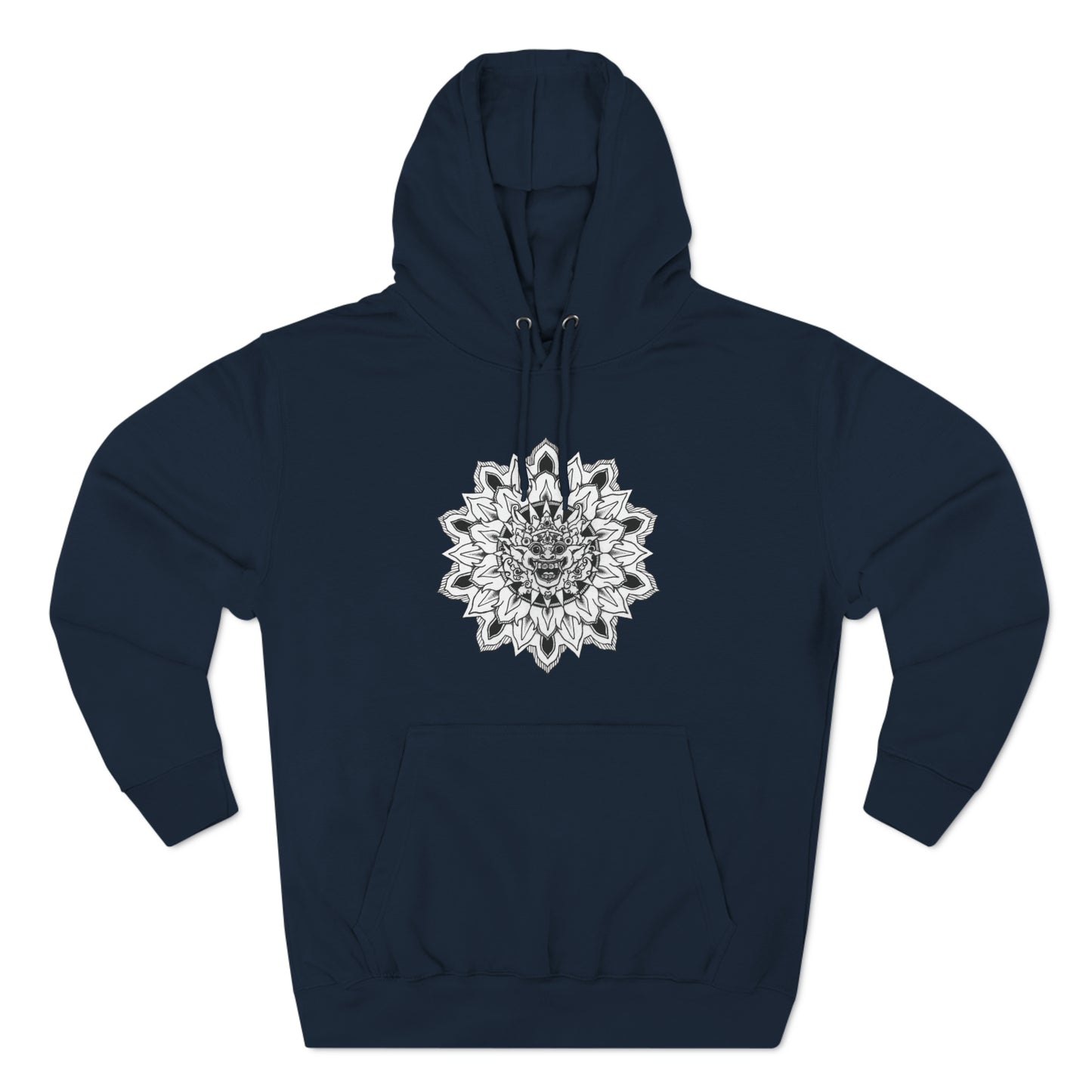 image of a unisex navy hooded sweatshirt with white and black bhoma bali god mandala design on the front