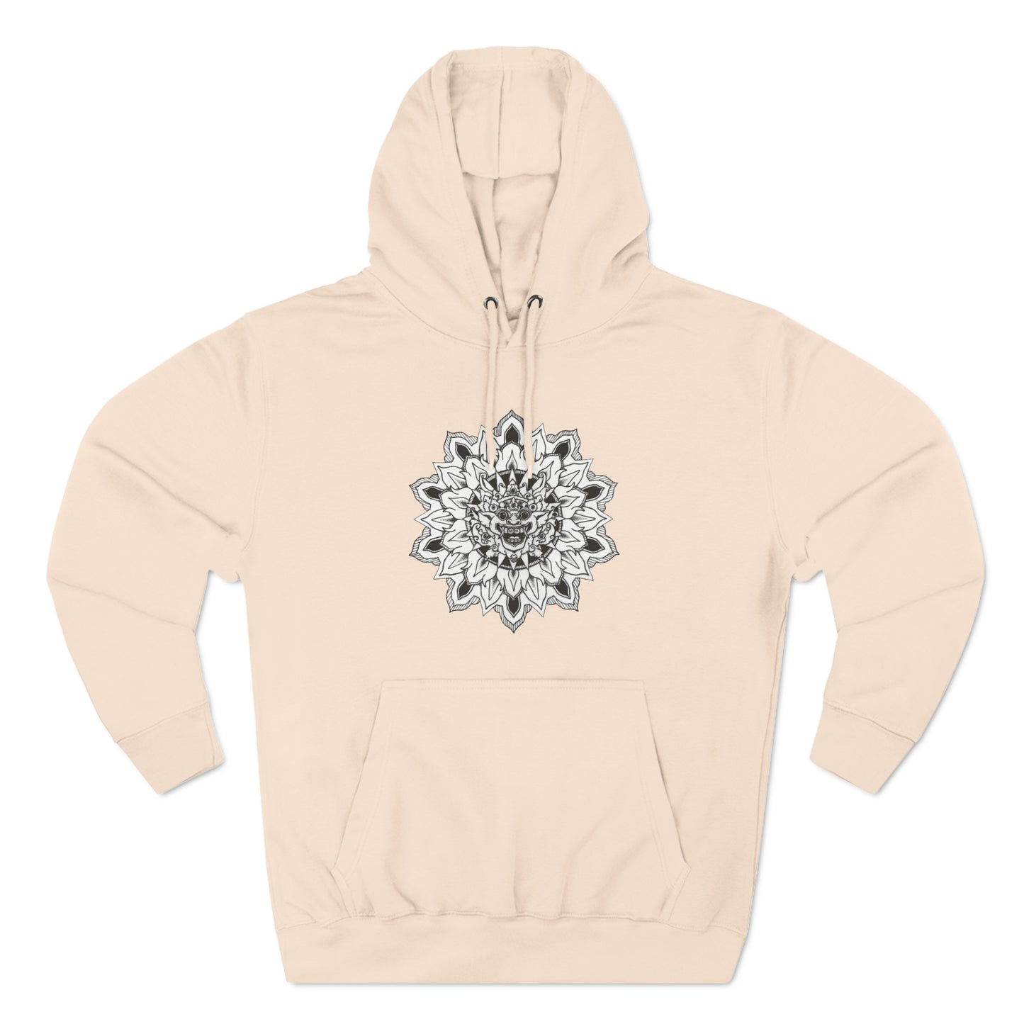 image of a unisex light pink hooded sweatshirt with white and black bhoma bali god mandala design on the front