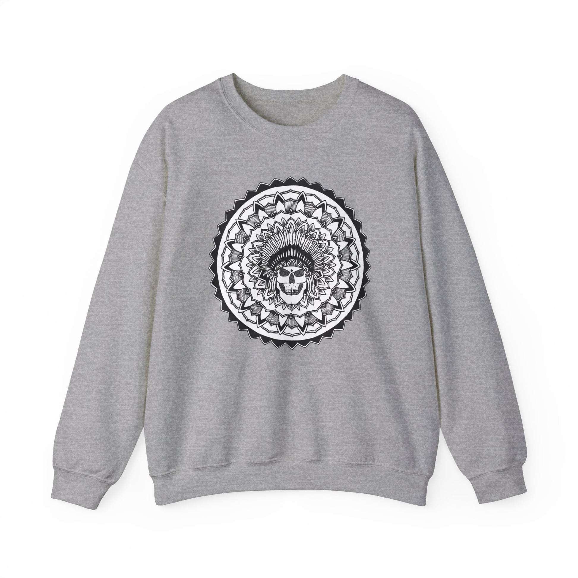 image of a grey mandalarian brand sweatshirt with a white and black chieftain skull tattoo mandala design on the front