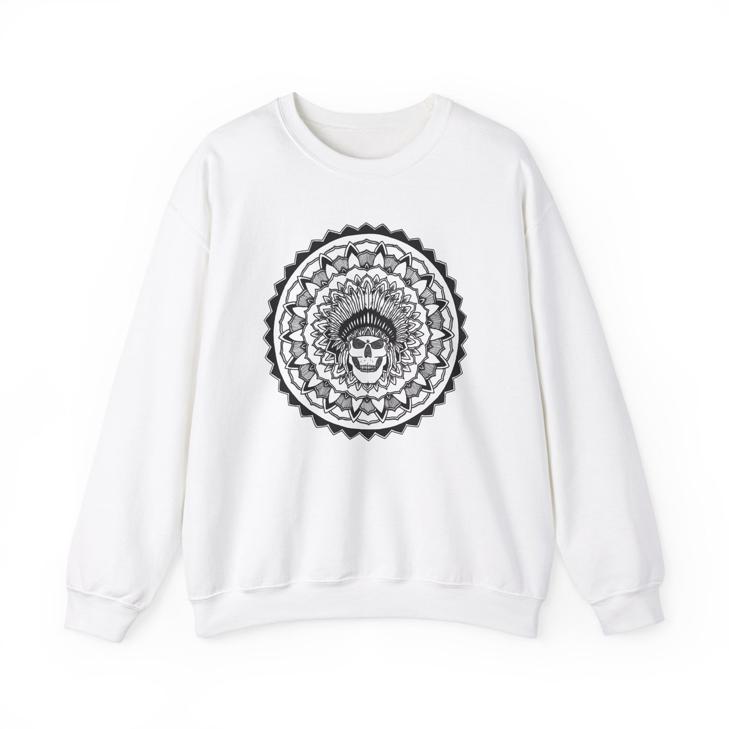 image of a white mandalarian brand sweatshirt with a white and black chieftain skull tattoo mandala design on the front