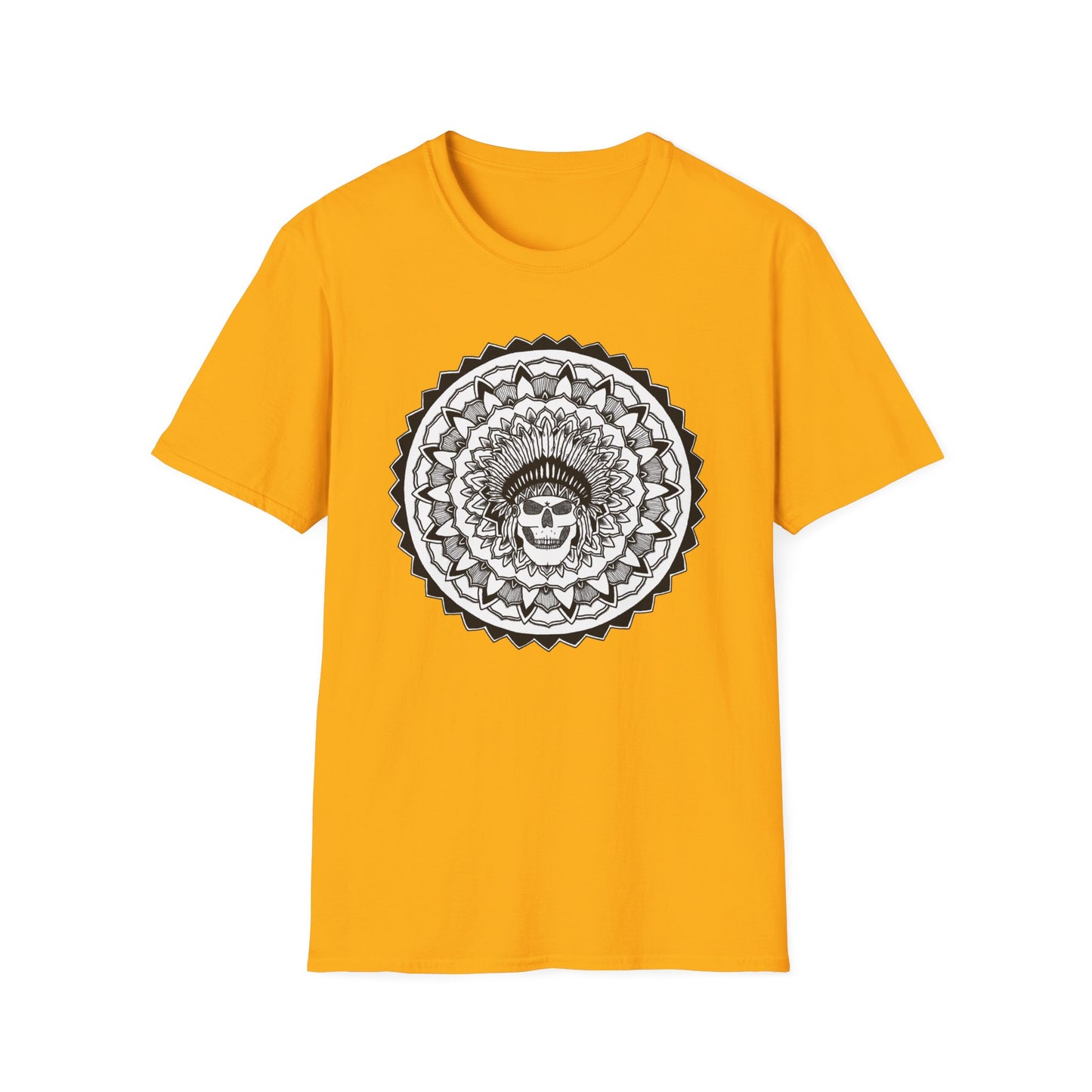 image of yellow unisex t-shirt with white and black chieftain skull mandala design on the front