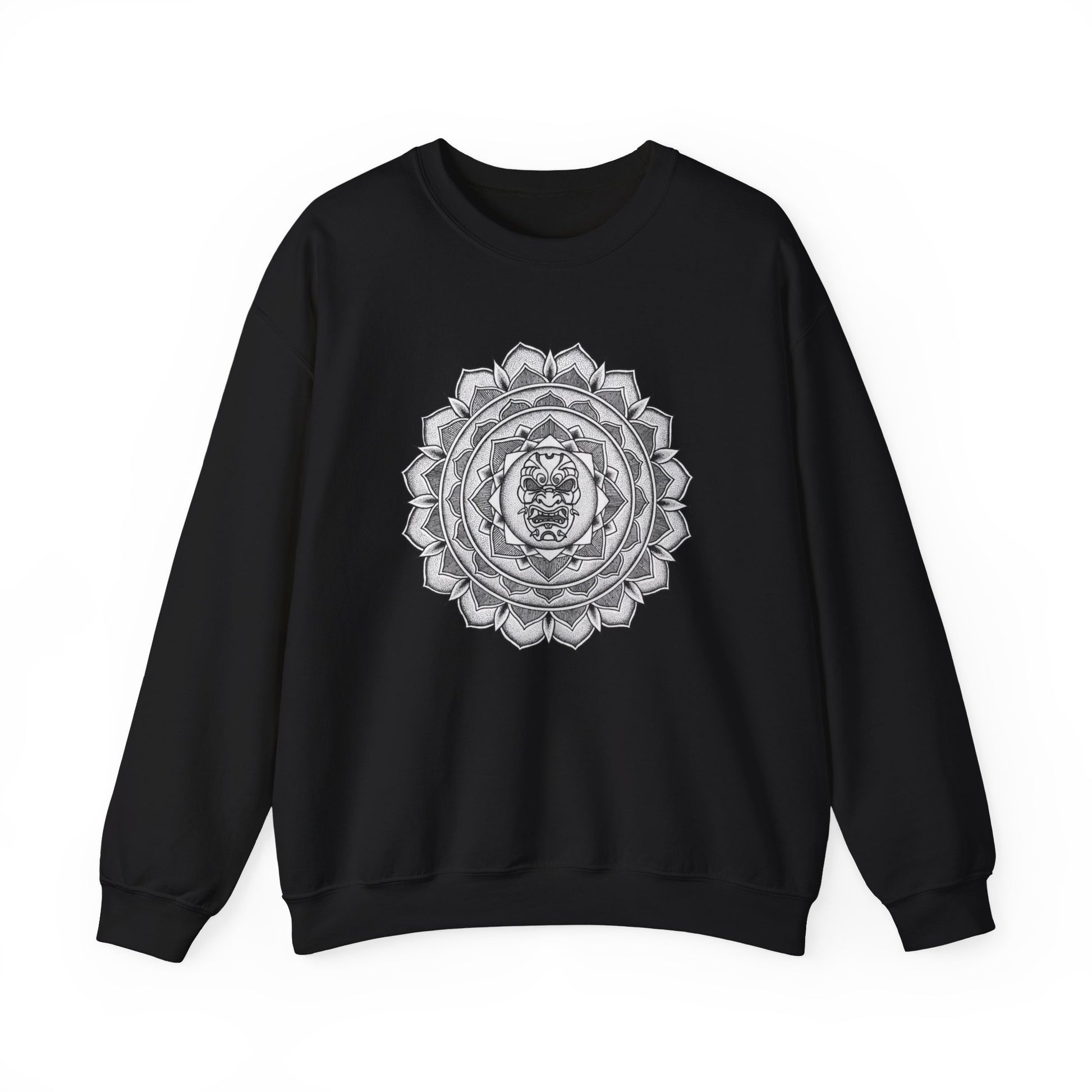 image of a black mandalarian brand sweatshirt with a white and black samurai mask tattoo mandala design on the front