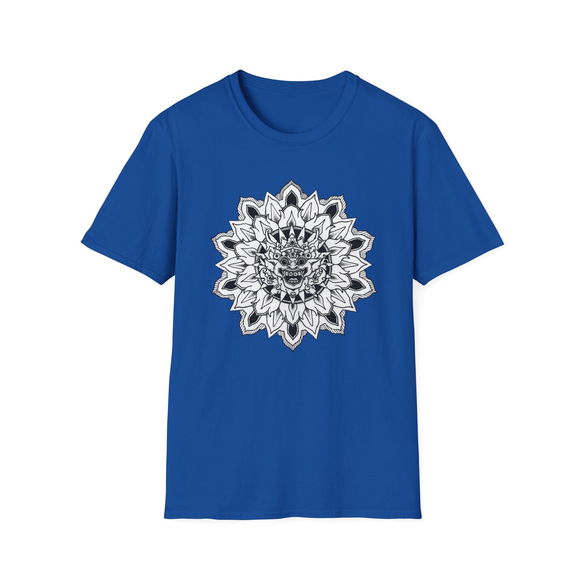 image of blue unisex t-shirt with white and black bhoma bali god mandala design on the front