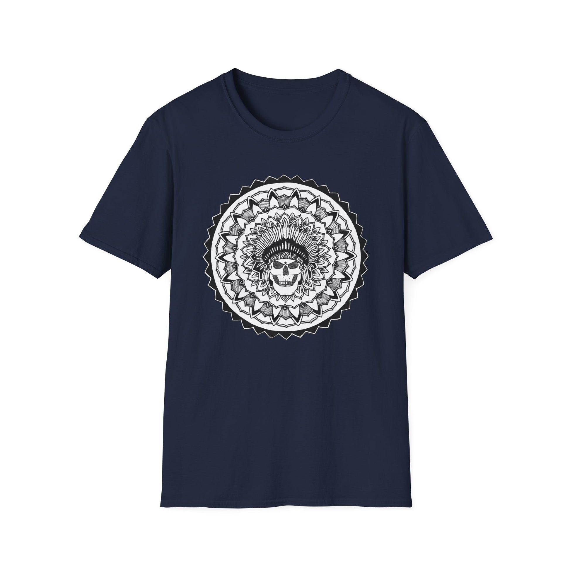 image of navy blue unisex t-shirt with white and black chieftain skull mandala design on the front