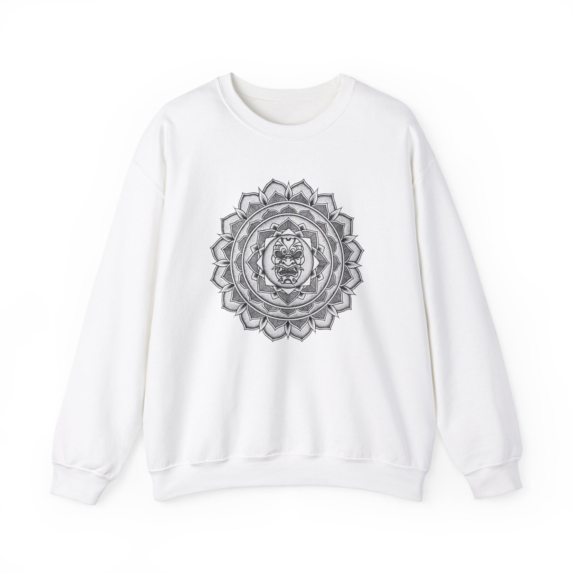 image of a white mandalarian brand sweatshirt with a black and white samurai mask tattoo mandala design on the front