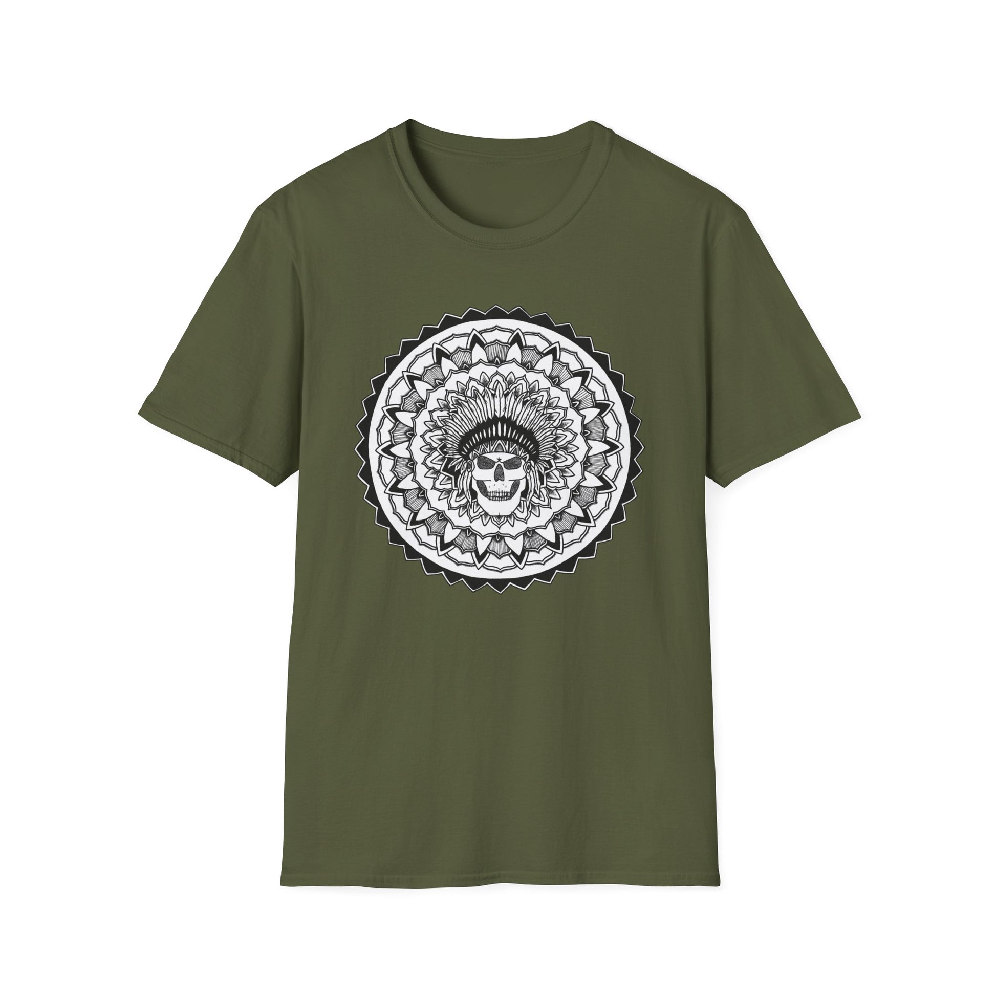 image of olive green color unisex t-shirt with white and black chieftain skull mandala design on the front