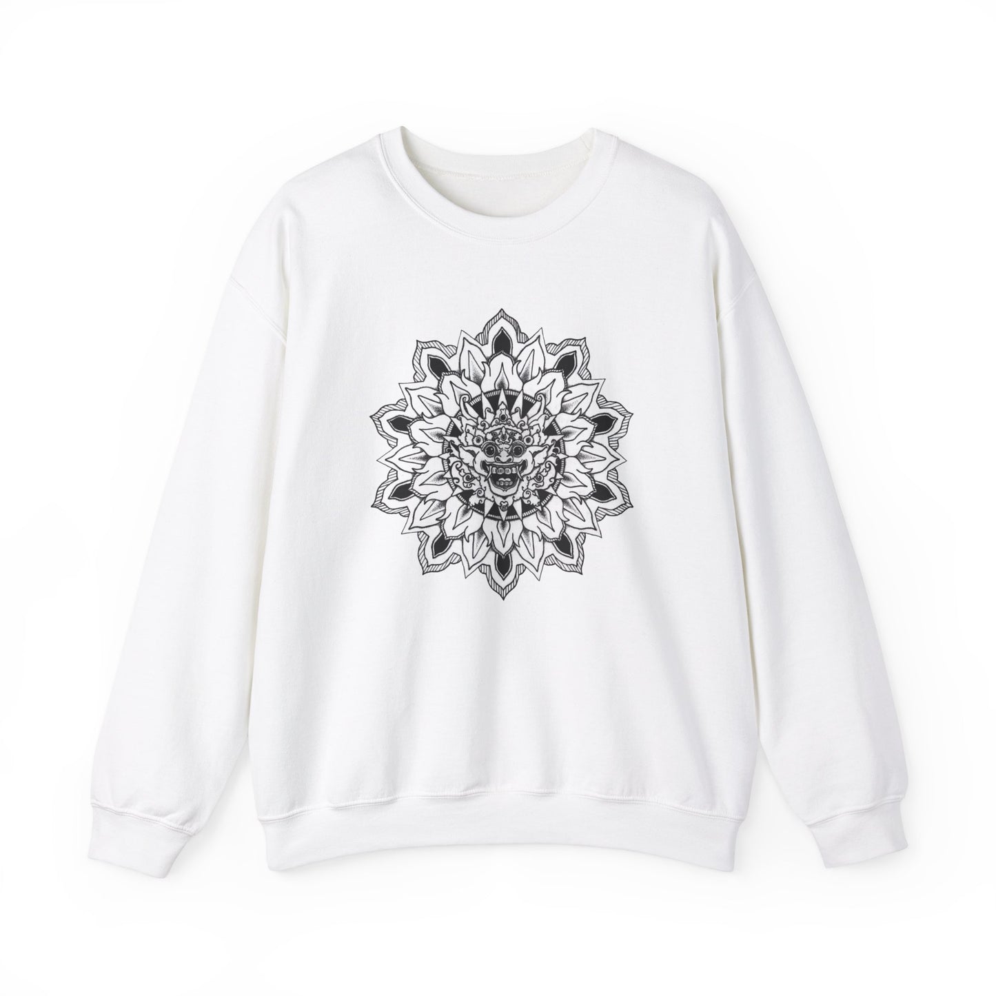 image of a white mandalarian brand sweatshirt with a black and white bhoma bali god mandala design on the front