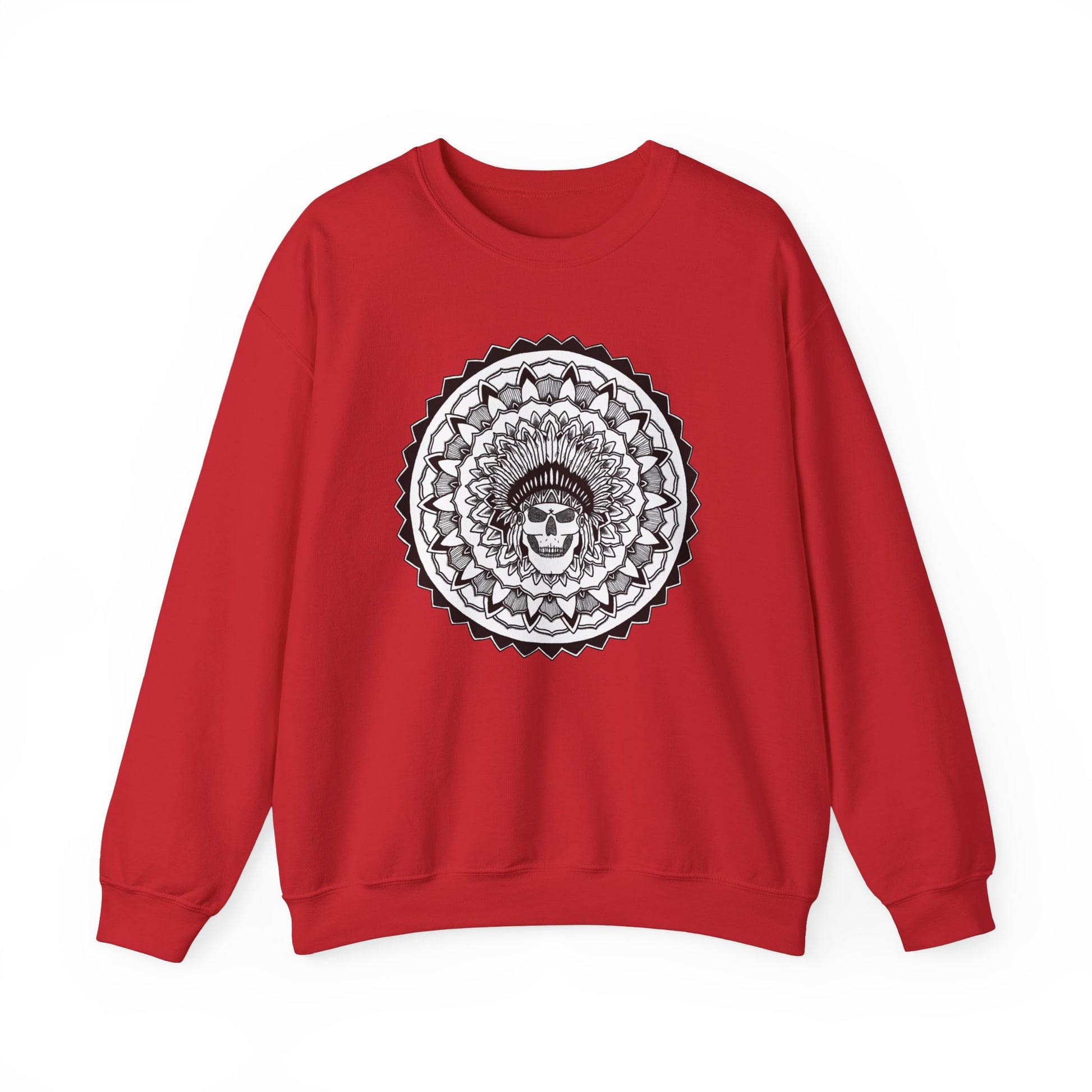 image of a red mandalarian brand sweatshirt with a white and black chieftain skull tattoo mandala design on the front