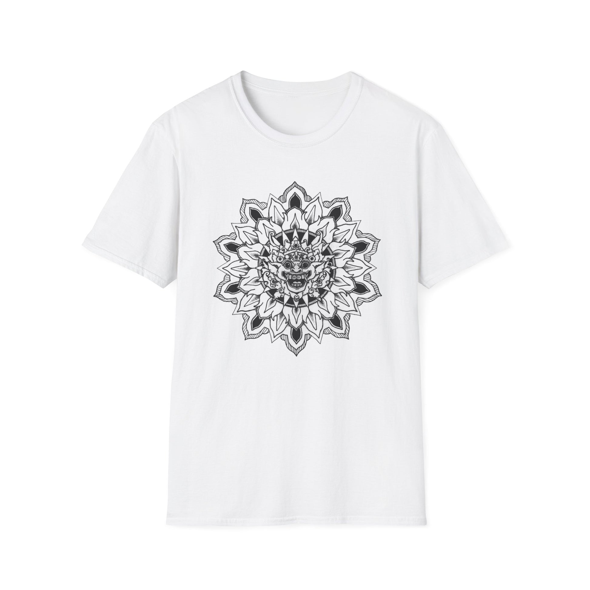 image of white unisex t-shirt with white and black bhoma bali god mandala design on the front