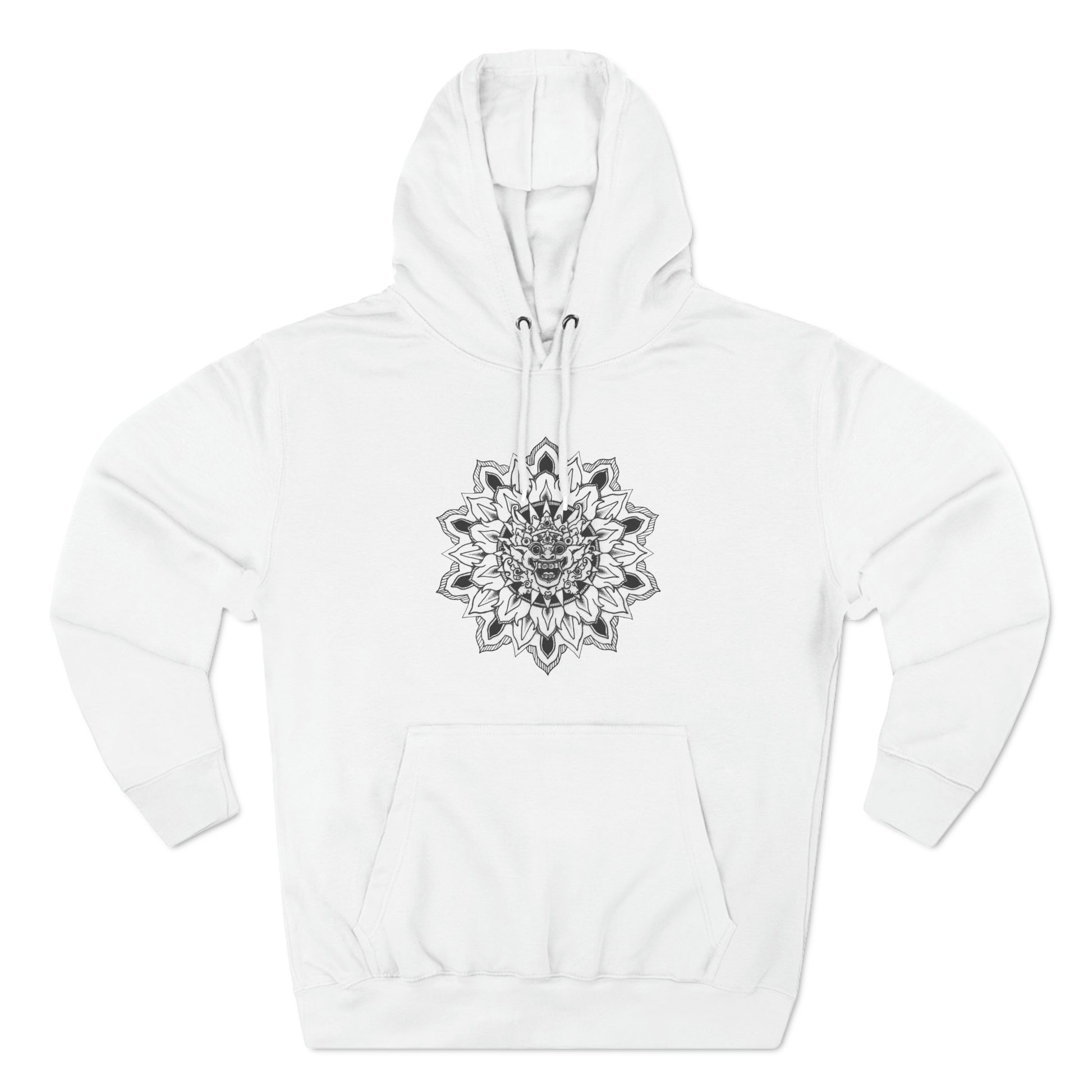 image of a unisex white hooded sweatshirt with white and black bhoma bali god mandala design on the front