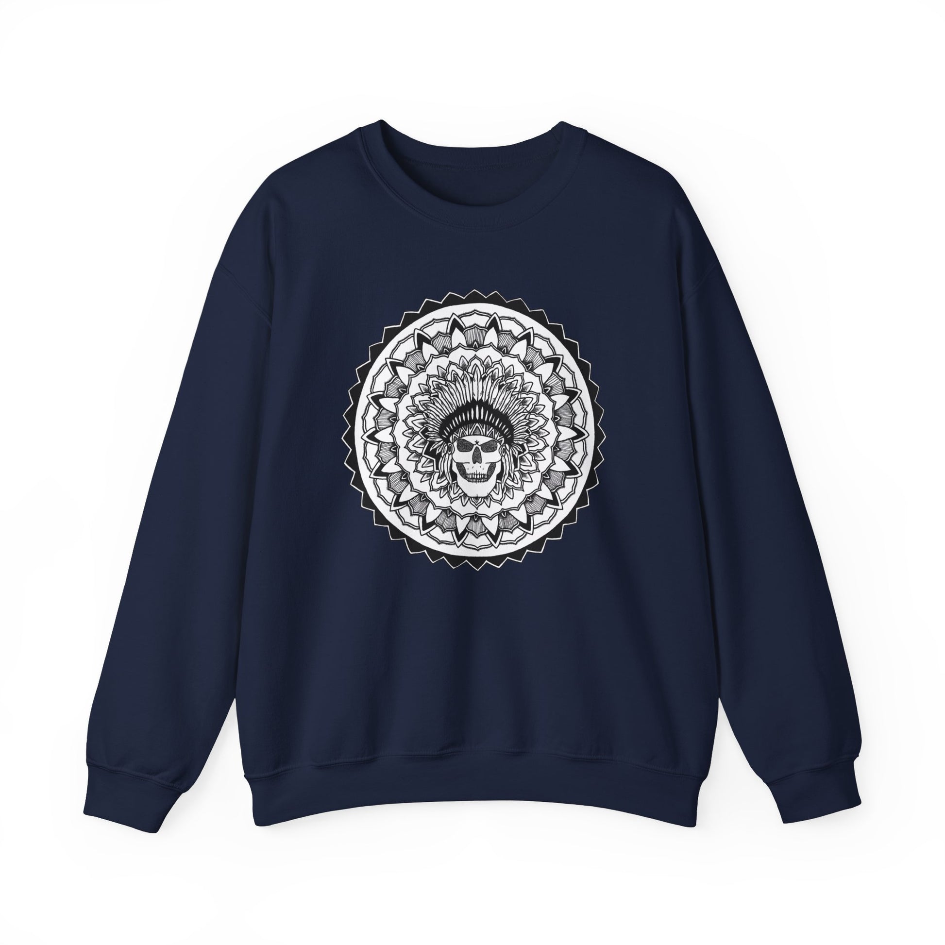 image of a navy color mandalarian brand sweatshirt with a white and black chieftain skull tattoo mandala design on the front