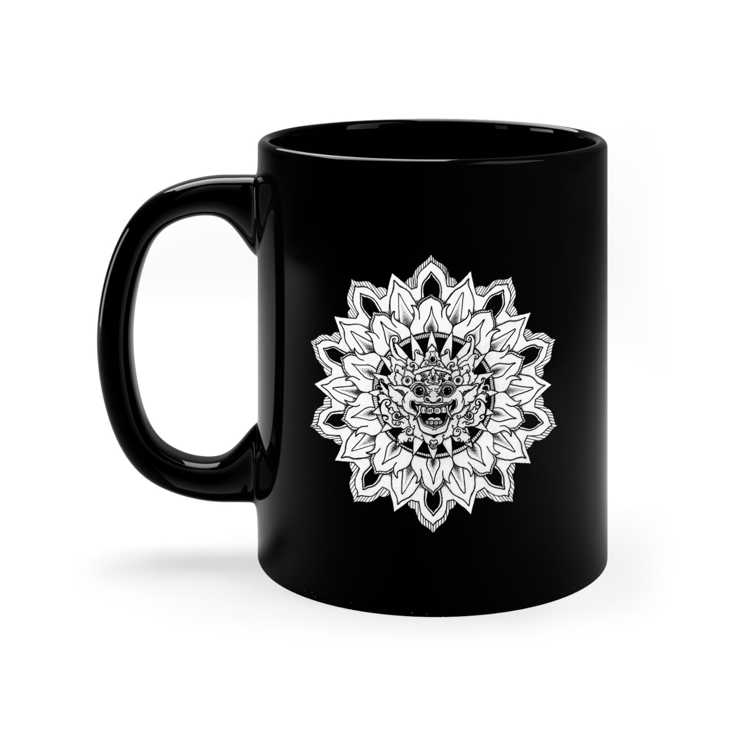  black 11oz coffee mug with white bhoma bali god mandala design