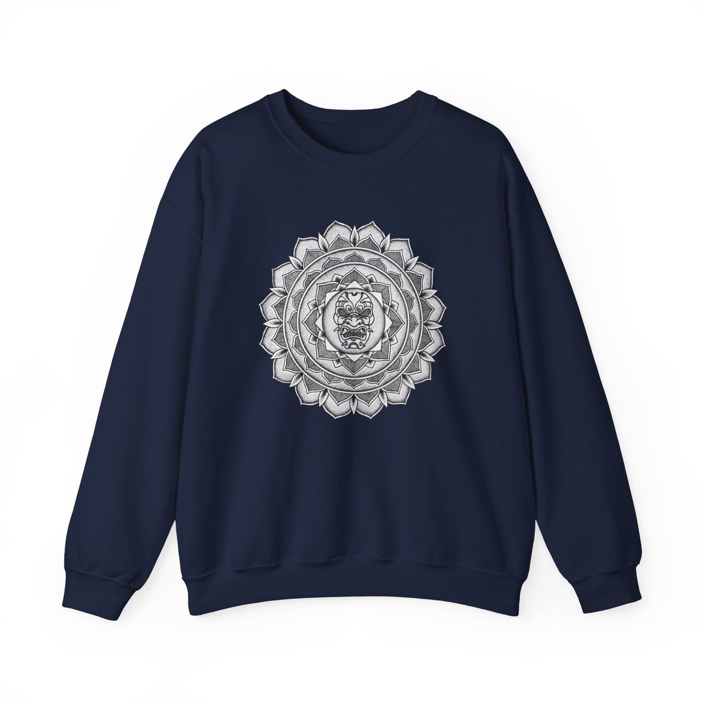 image of a navy color mandalarian brand sweatshirt with a white and black samurai mask tattoo mandala design on the front