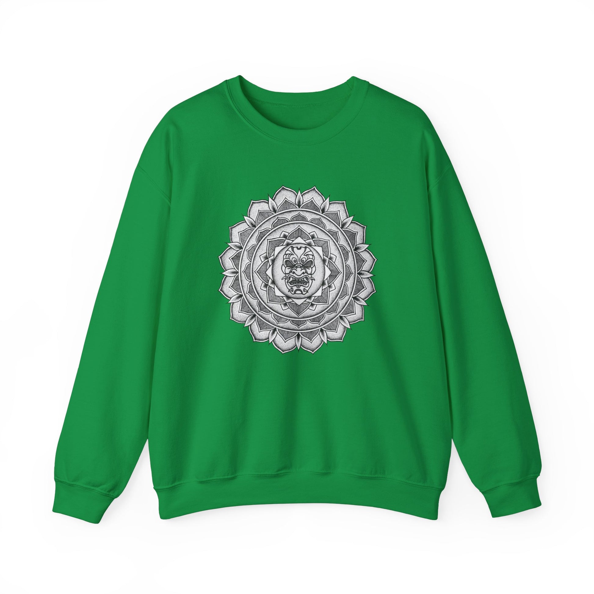 image of a green color mandalarian brand sweatshirt with a white and black samurai mask tattoo mandala design on the front