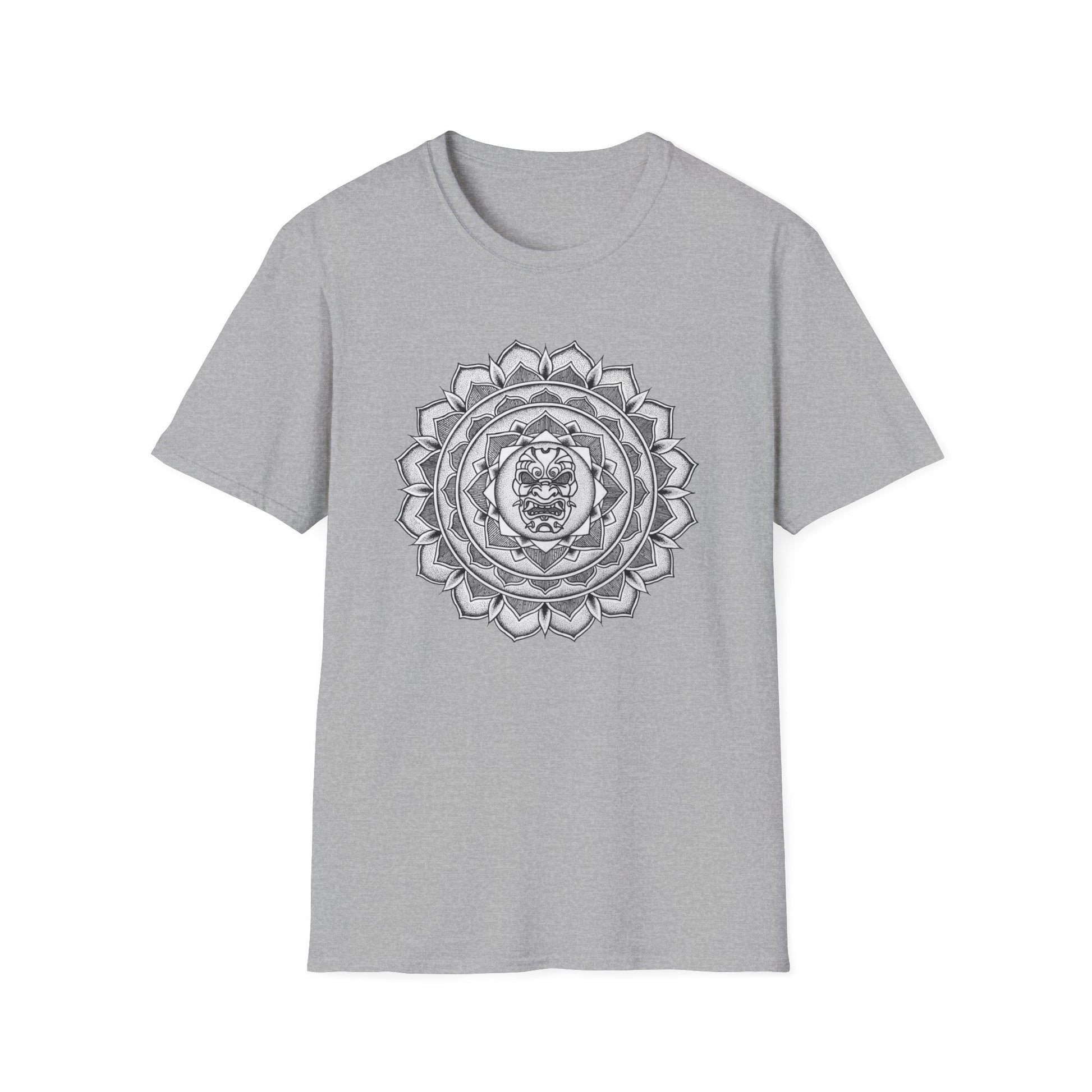 grey unisex t-shirt with white and black samurai mask mandala design on the front