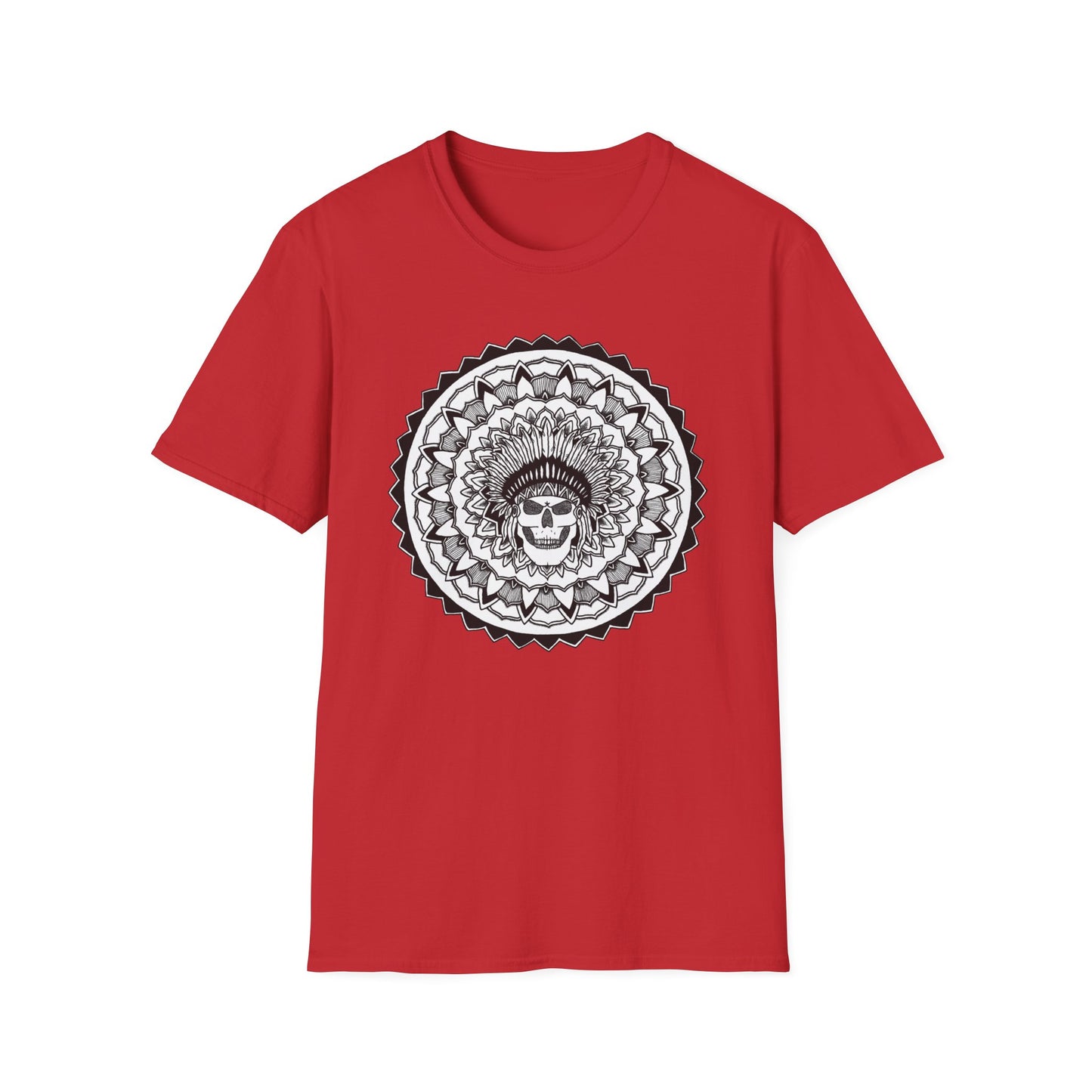 image of red unisex t-shirt with white and black chieftain skull mandala design on the front