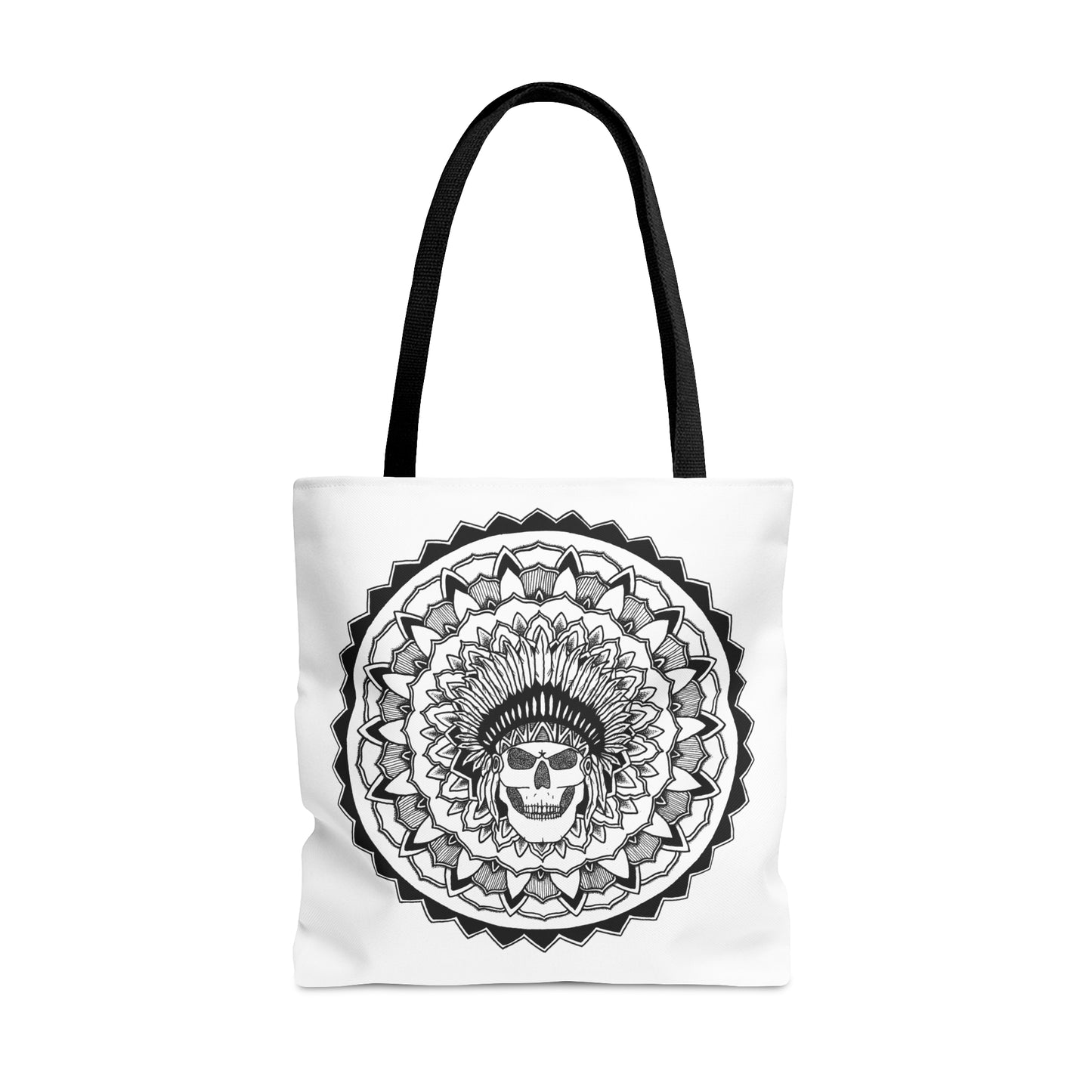 image of a white mandalarian brand tote bag with black handle and black and white chieftain skull tattoo mandala design print on both sides