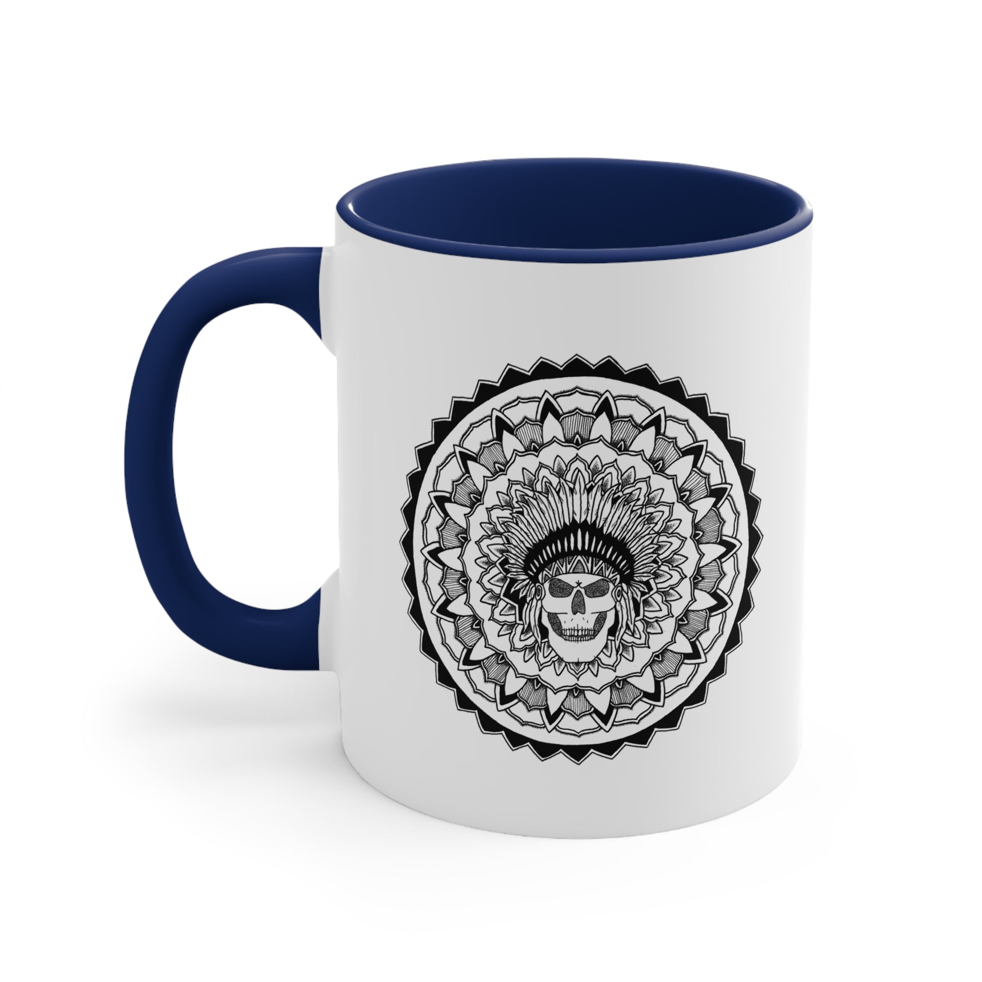 a two toned navy blue and white 11oz coffee mug with a chieftain skull mandala design