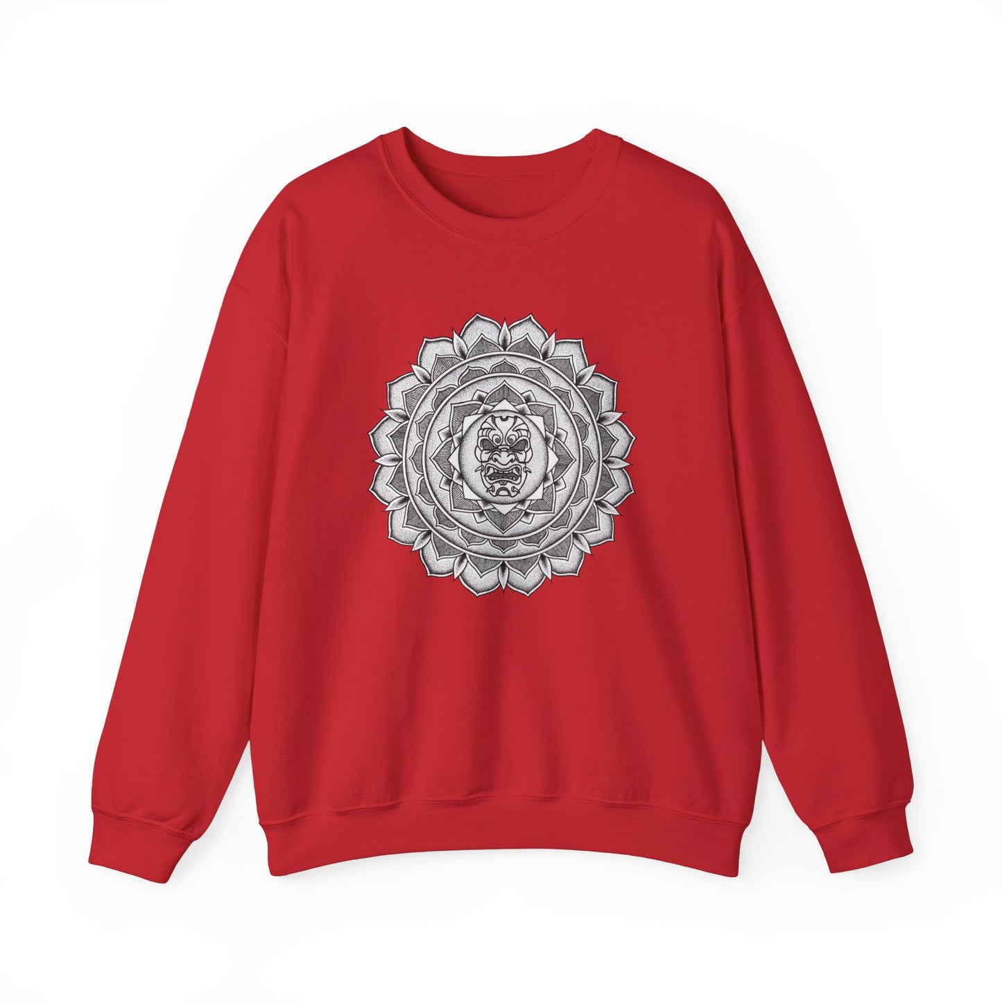 image of a red color mandalarian brand sweatshirt with a white and black samurai mask tattoo mandala design on the front