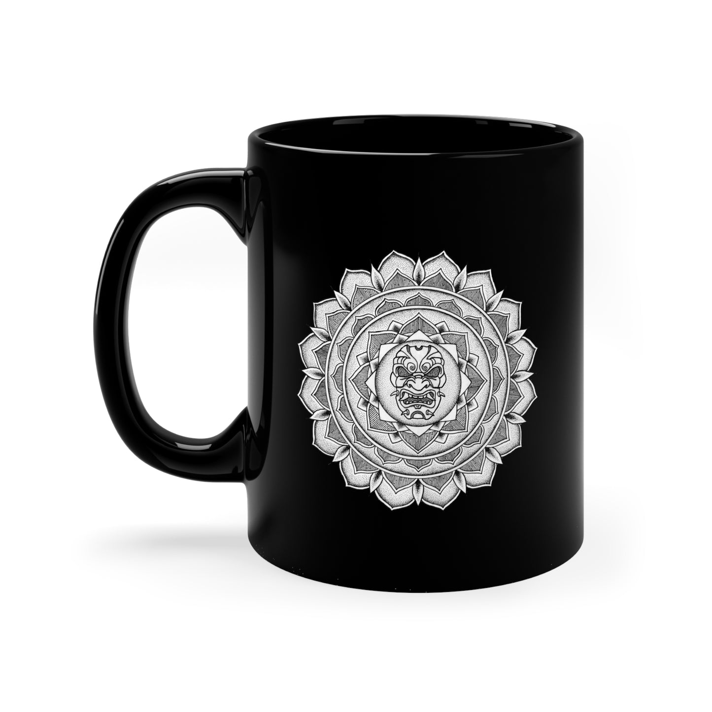  black 11oz coffee mug with white samurai mask mandala design