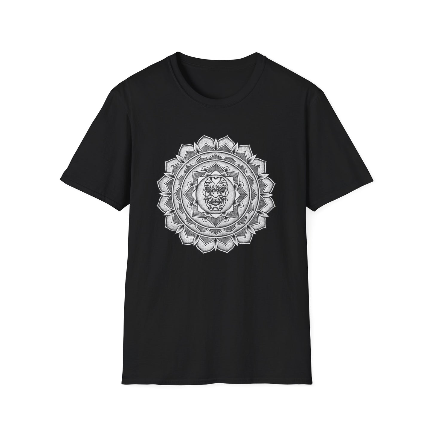 black unisex mandalarian t-shirt with white and black samurai mask mandala design on the front