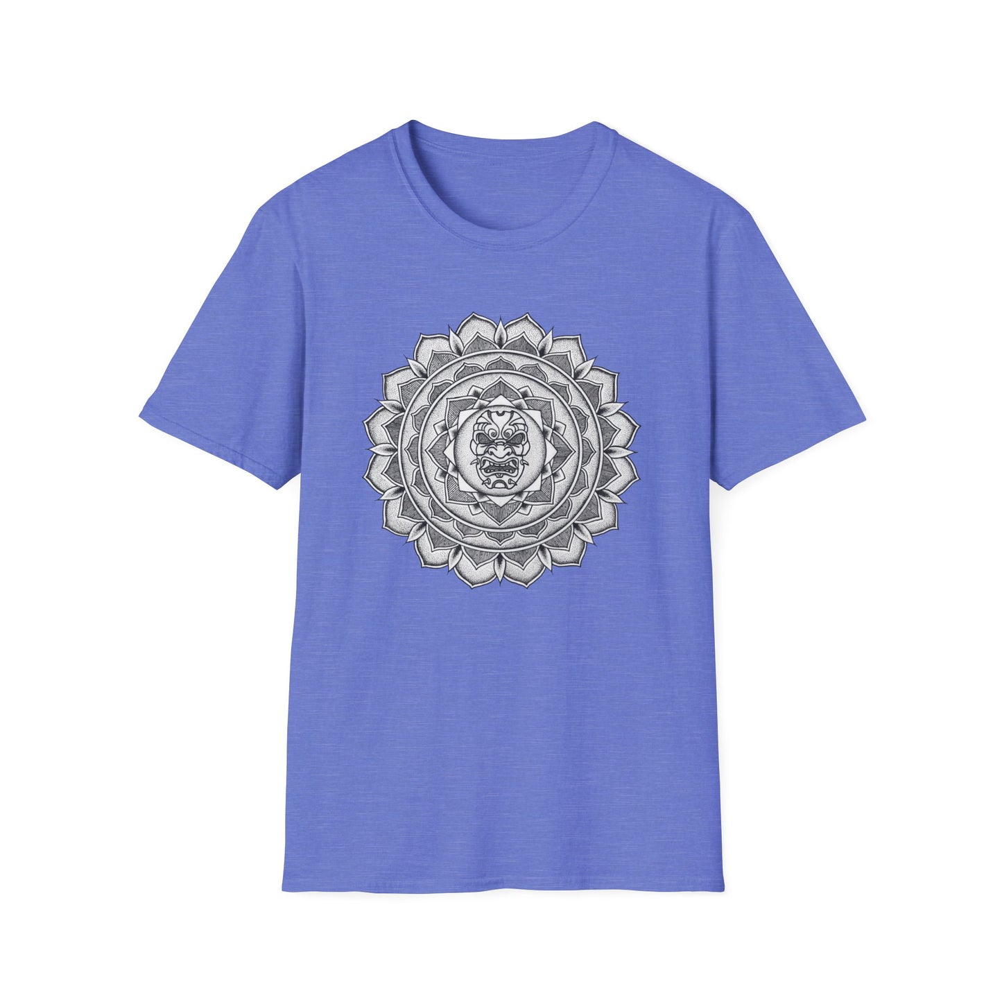 heather blue unisex t-shirt with white and black samurai mask mandala design on the front