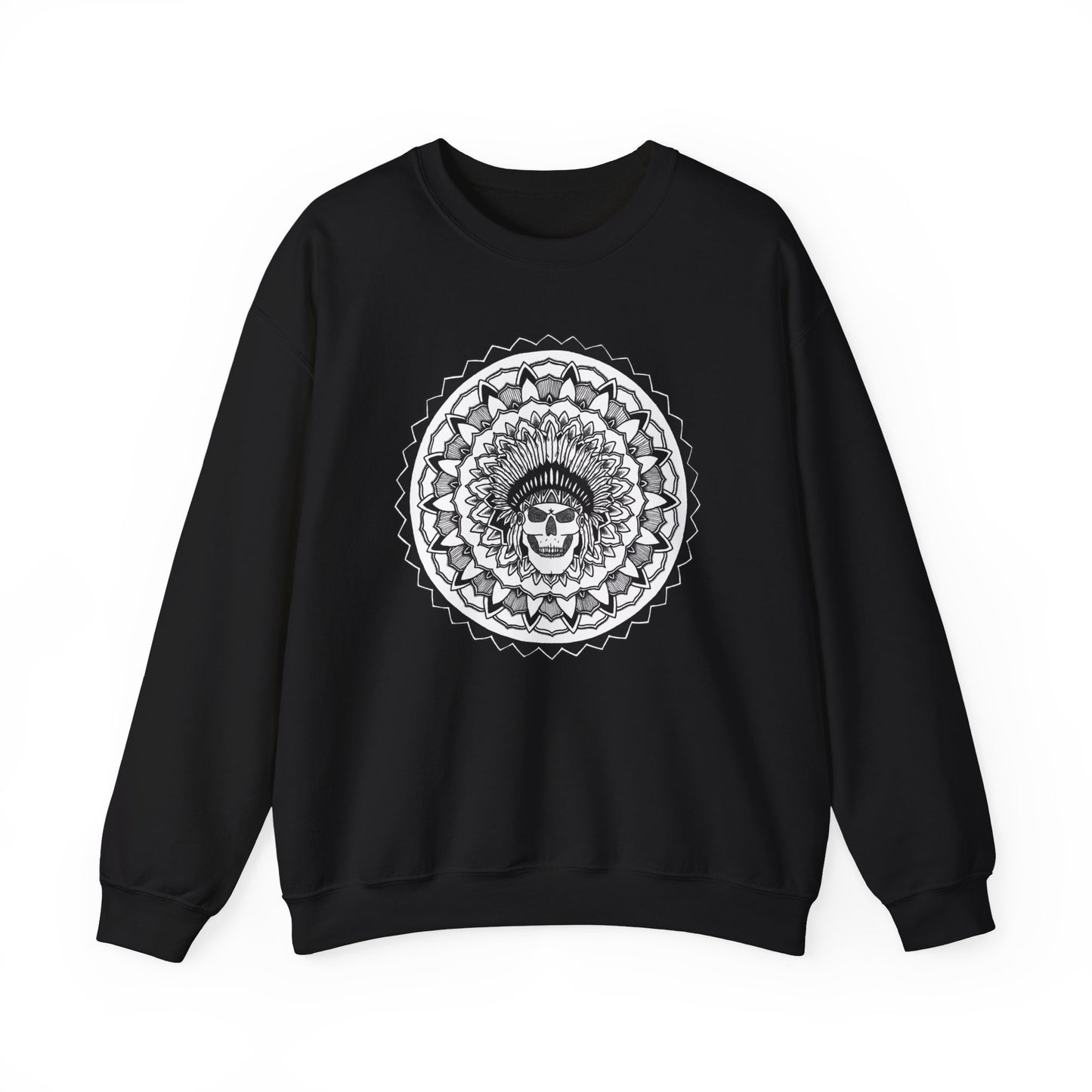 image of a black mandalarian brand sweatshirt with a white and black chieftain skull tattoo mandala design on the front