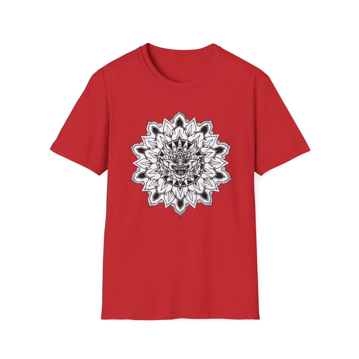 image of red unisex t-shirt with white and black bhoma bali god mandala design on the front