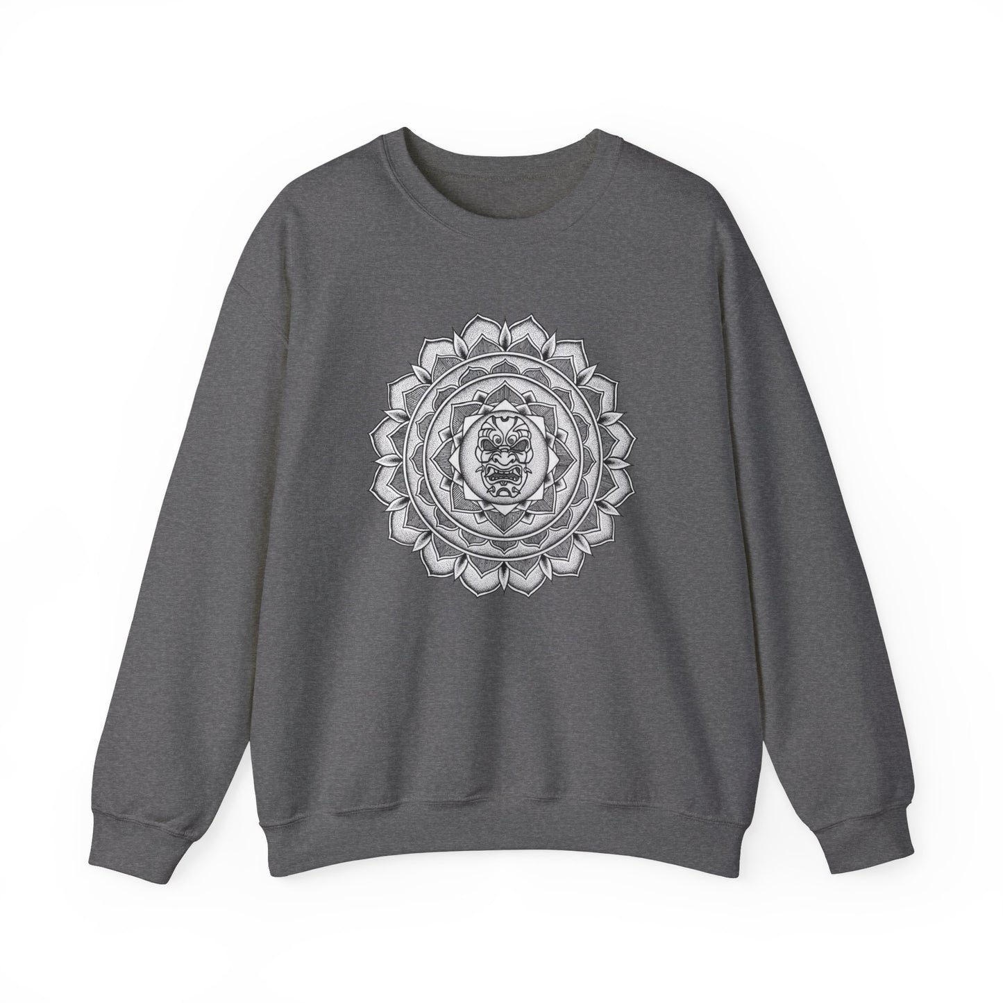 image of a dark gray mandalarian brand sweatshirt with a white and black samurai mask tattoo mandala design on the front