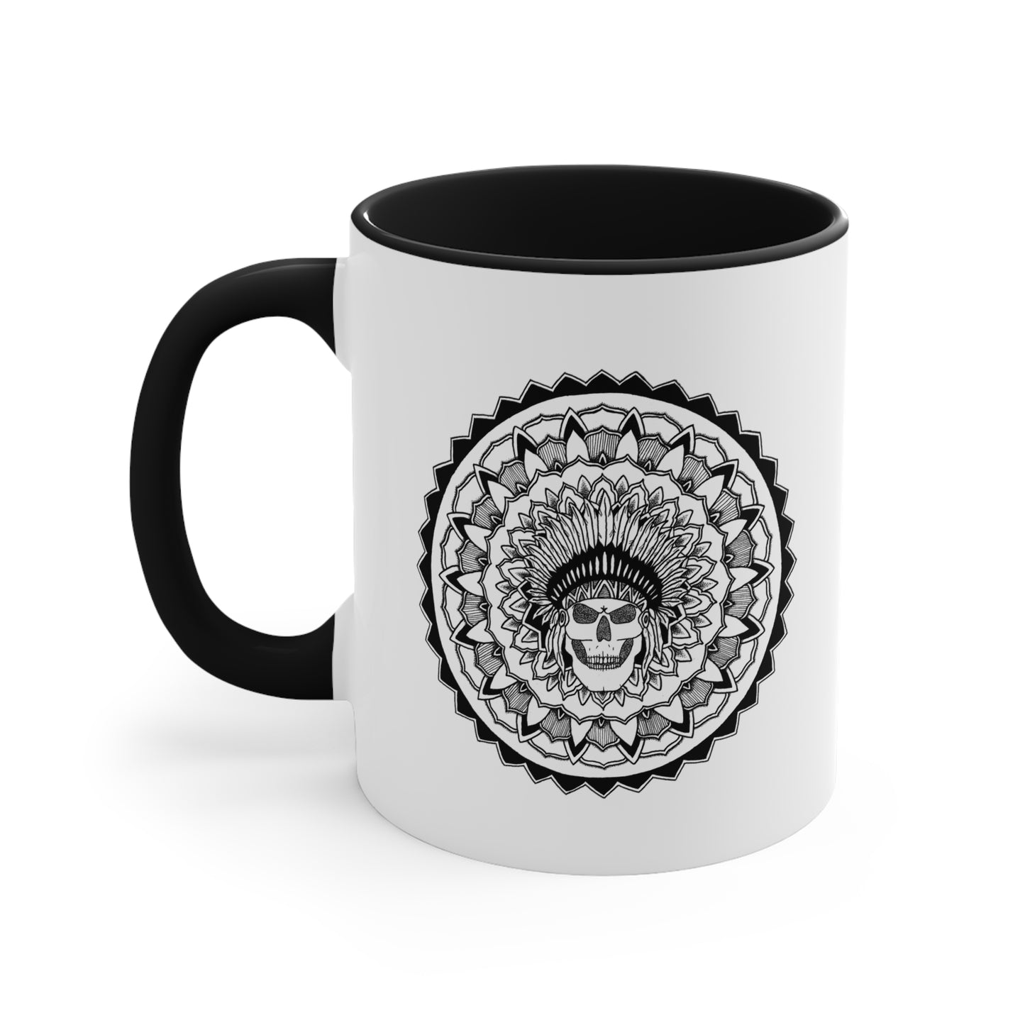 a two toned black and white 11oz coffee mug with chieftain skull mandala design