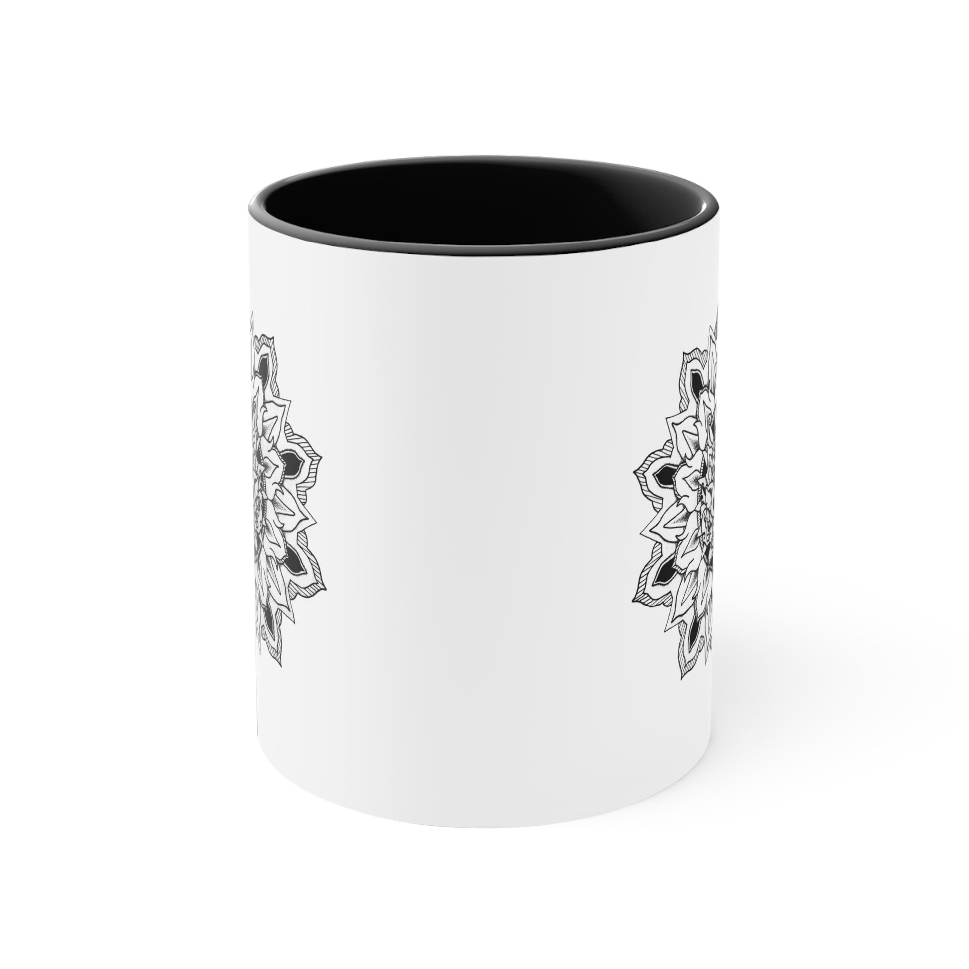 side profile of a two-toned 11oz coffee mug with mandala designs on each side