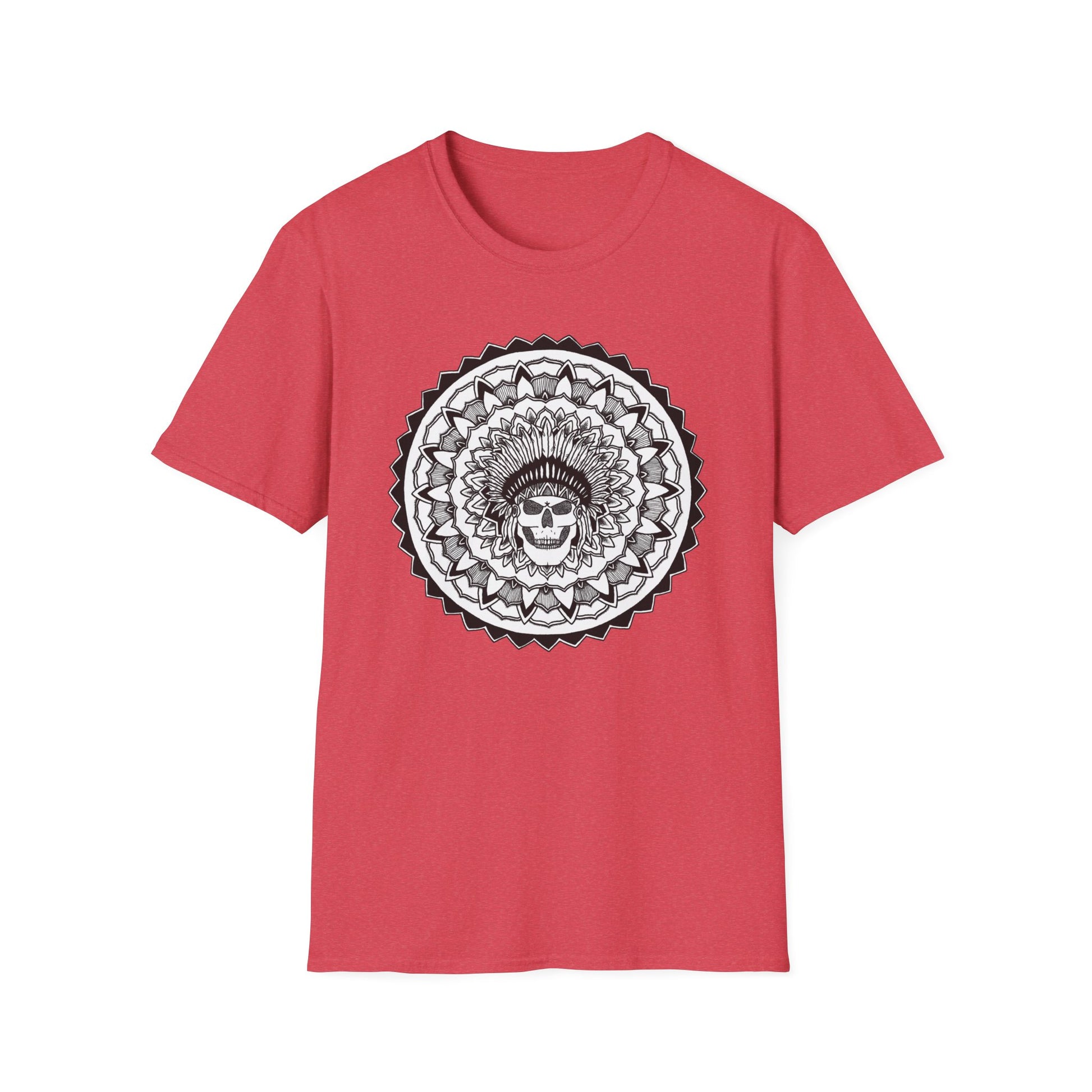 image of heather red unisex t-shirt with white and black chieftain skull mandala design on the front