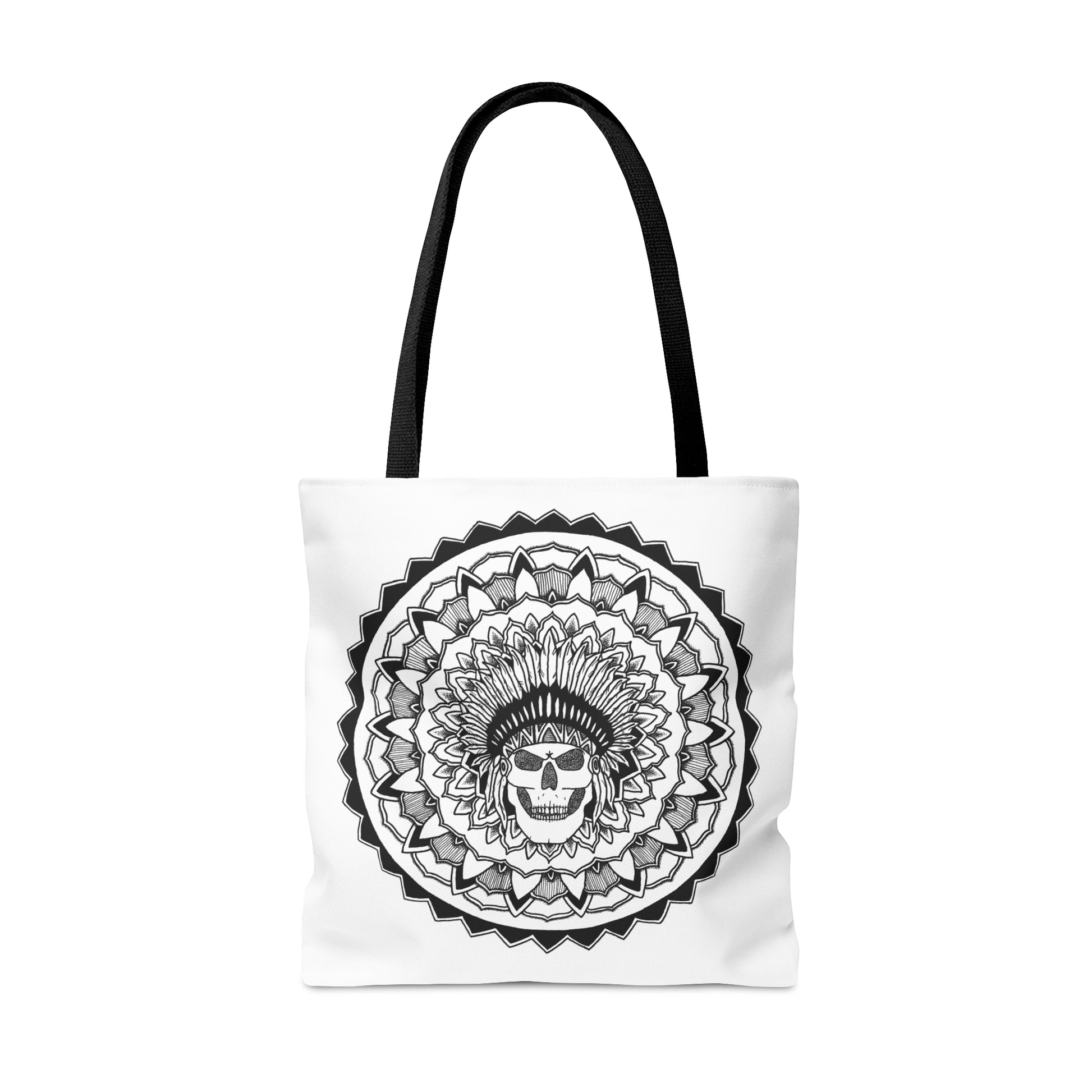 image of a white mandalarian brand tote bag with black handle and black and white chieftain skull tattoo mandala design print on both sides