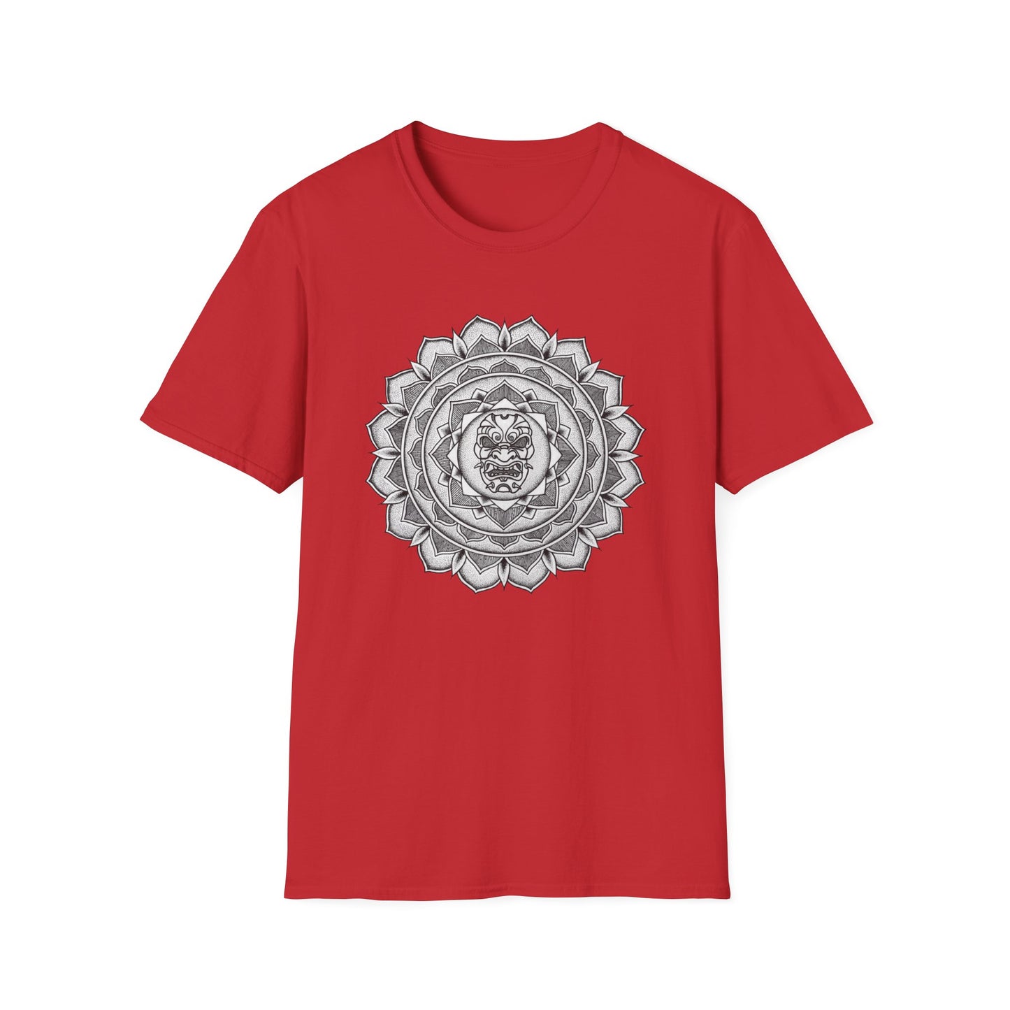 red unisex mandalarian t-shirt with white and black samurai mask mandala design on the front