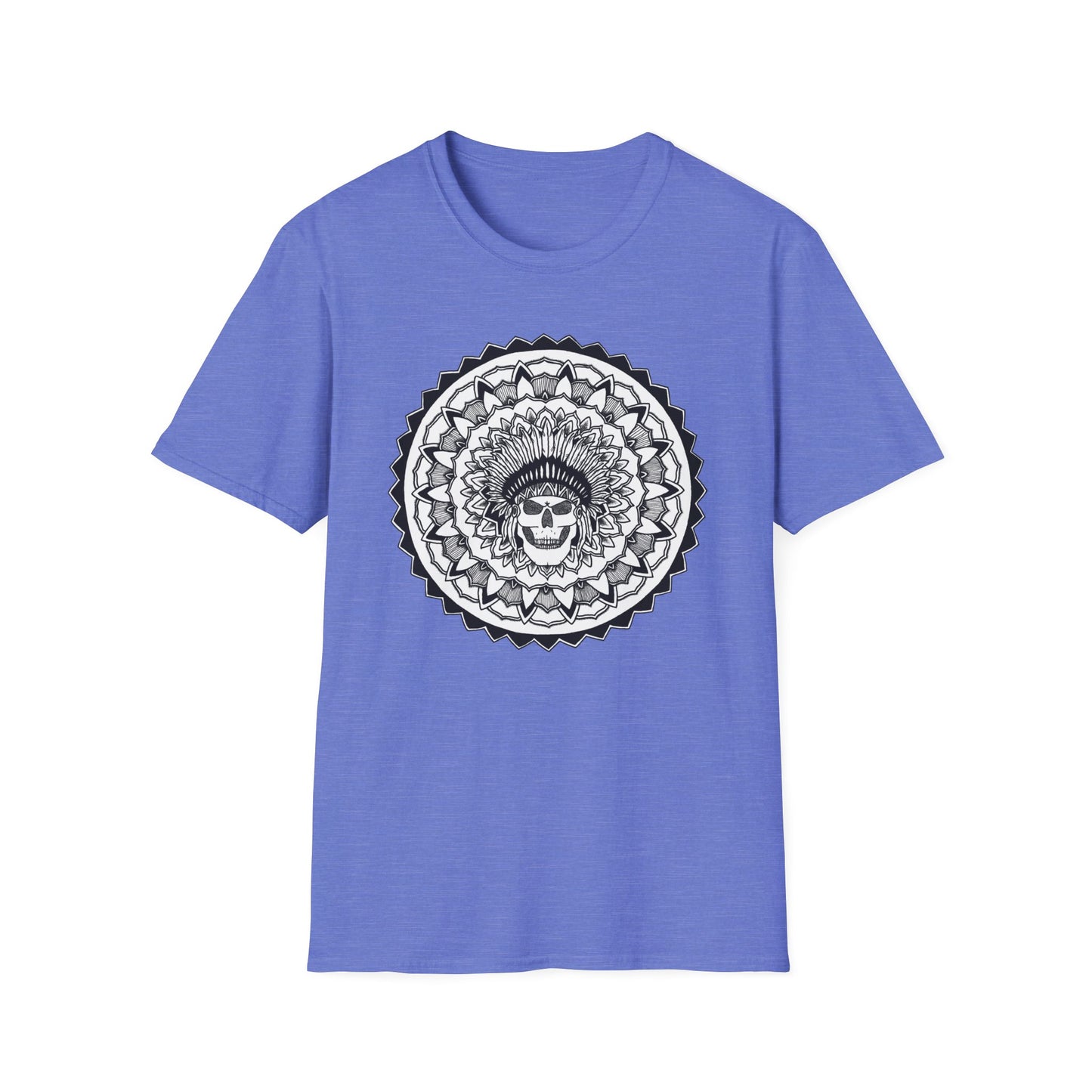 image of heather blue unisex t-shirt with white and black chieftain skull mandala design on the front